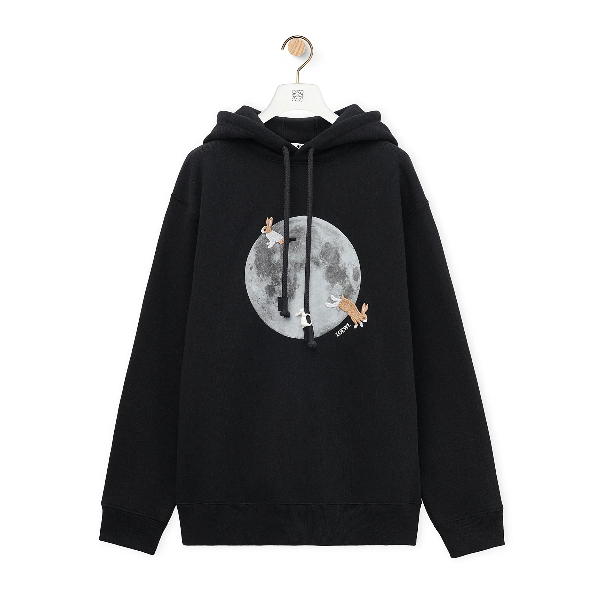 NIGO Loewe Women's Spring and Autumn Moon Print Black Hooded Drawstring Long Sleeve Sweatshirt #nigo74569
