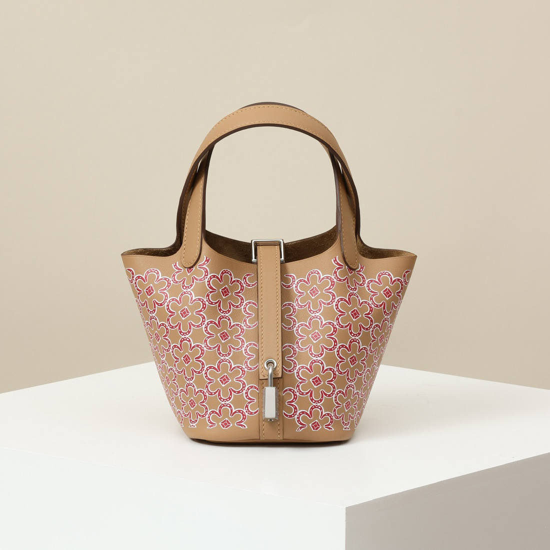 NIGO Hermes Picotin Women Silver Buckle Solid Color Flower Pattern Printed Calfskin Bucket Bag Tote Handbag Bags #nigo74558