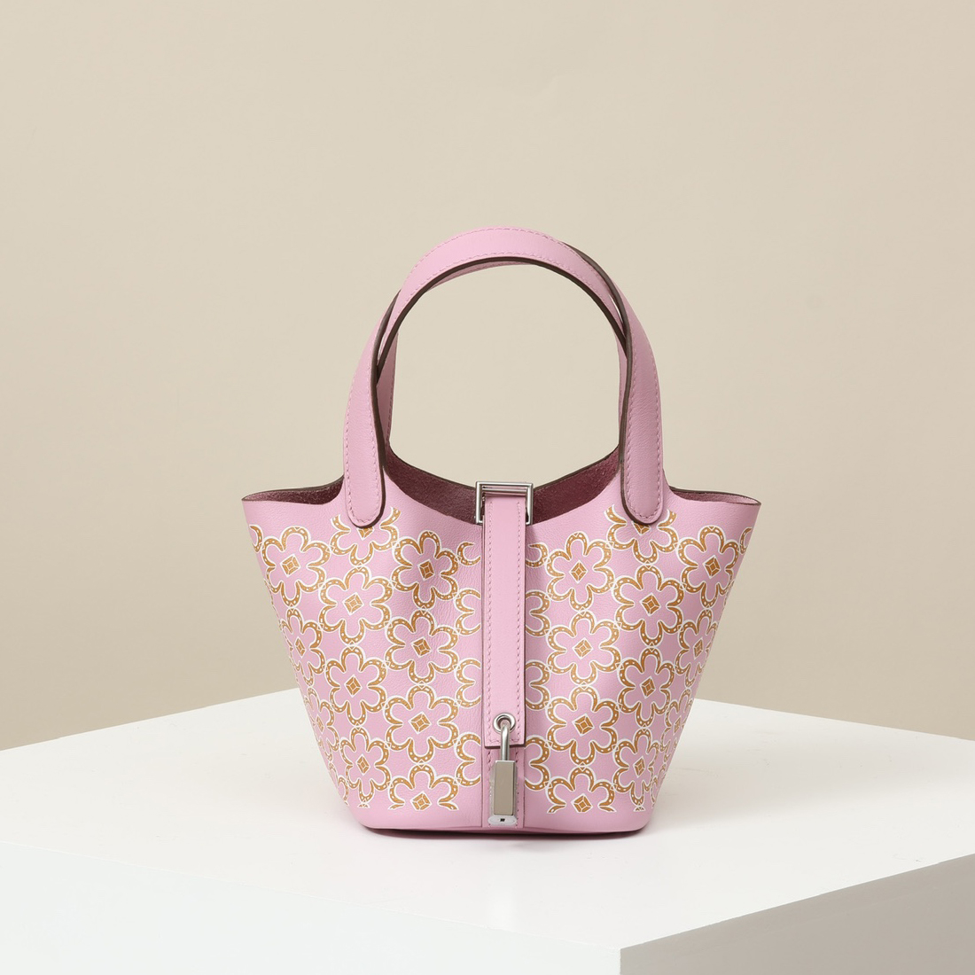 NIGO Hermes Picotin Women Silver Buckle Solid Color Flower Pattern Printed Calfskin Bucket Bag Tote Handbag Bags #nigo74558