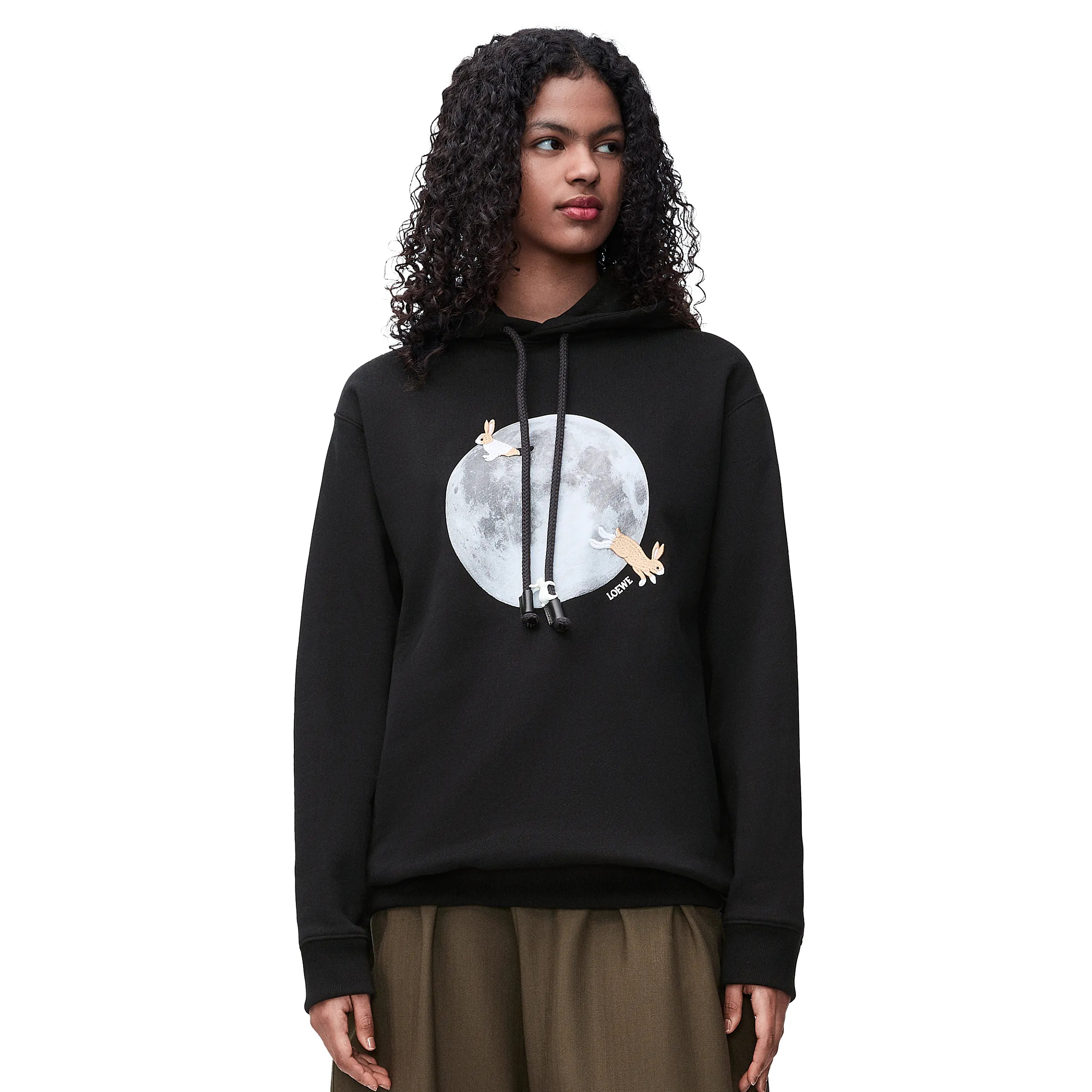NIGO Loewe Women's Spring and Autumn Moon Print Black Hooded Drawstring Long Sleeve Sweatshirt #nigo74569