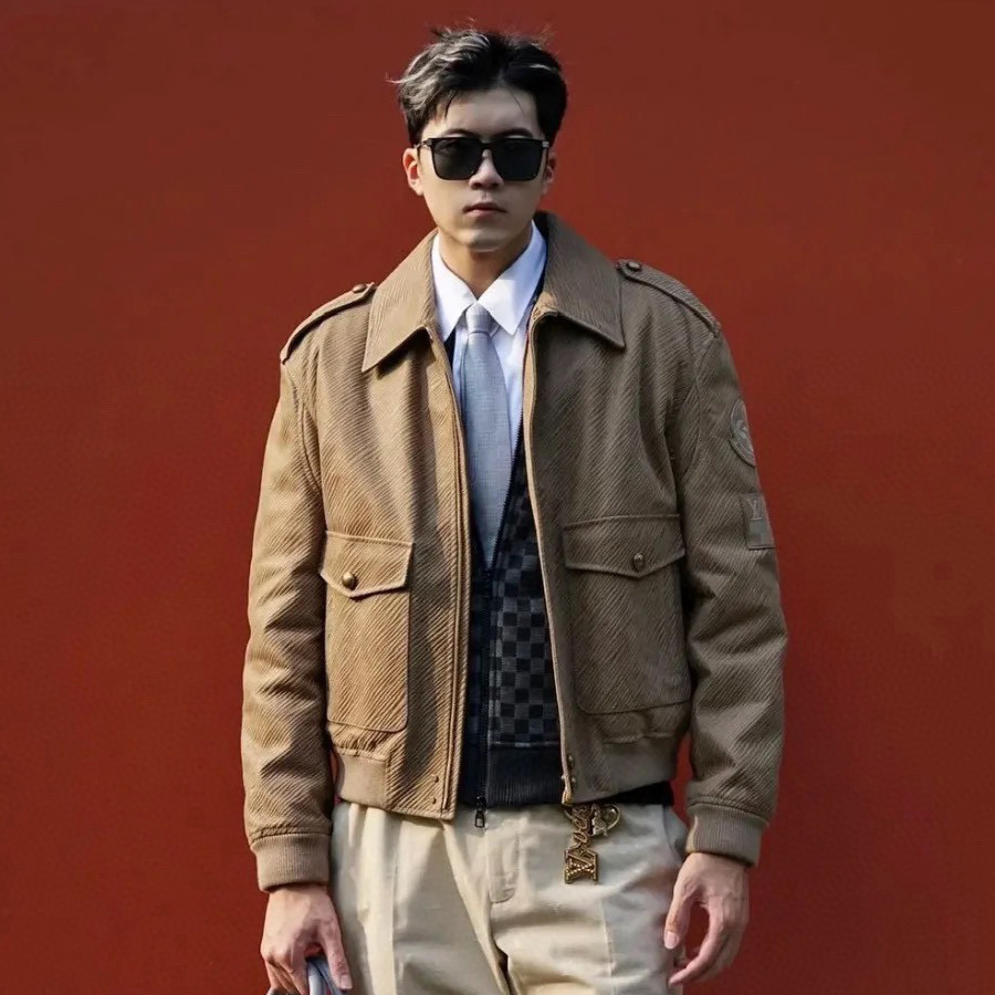 NIGO Louis Vuitton Men's Autumn and Winter Solid Color Lapel Twill Fabric Calfskin Long Sleeve Aviator Jacket #nigo74574