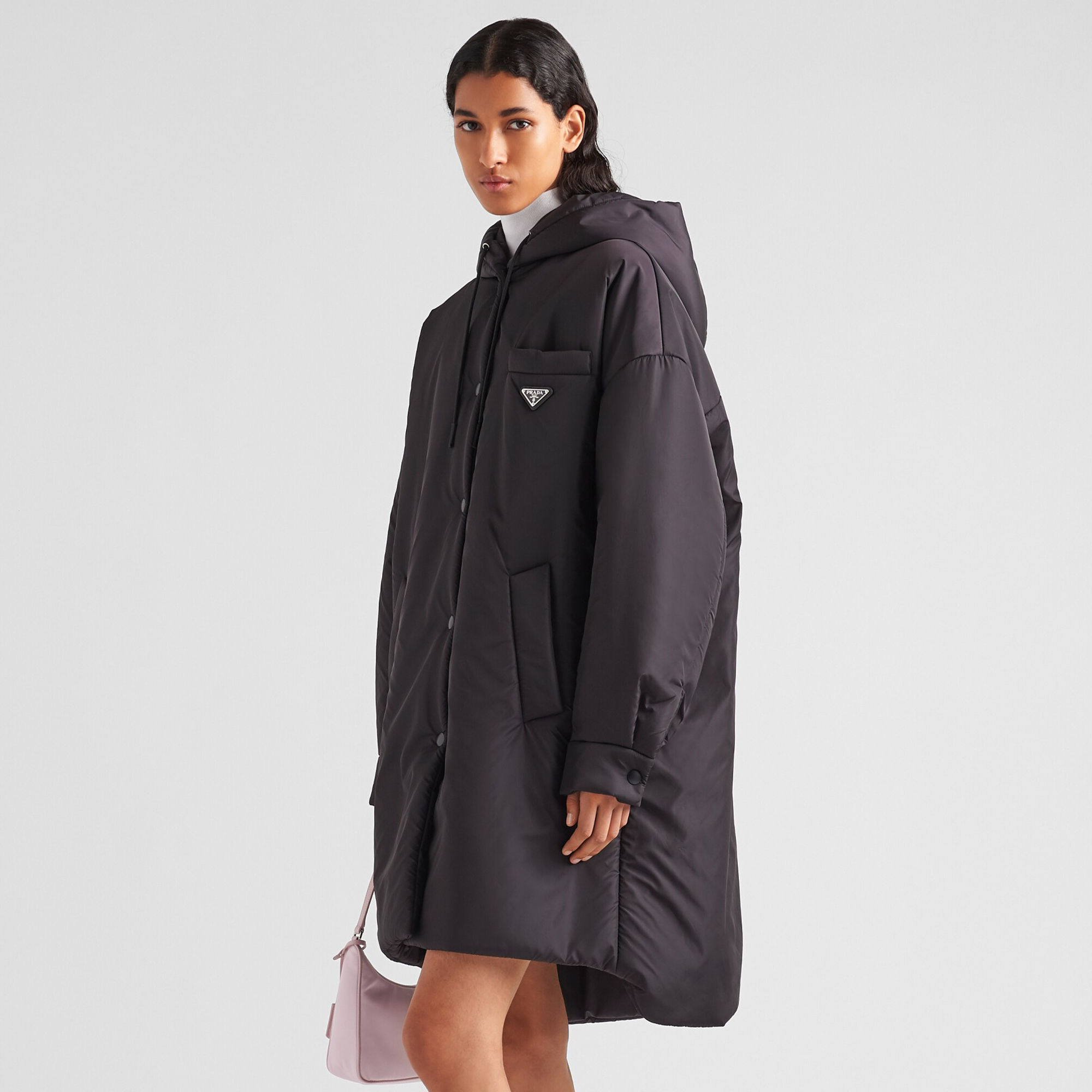 NIGO Prada Women's Autumn and Winter Triangle Logo Solid Color Recycled Nylon Single Breasted Long Hooded Long Sleeve Coat Jacket #nigo74582