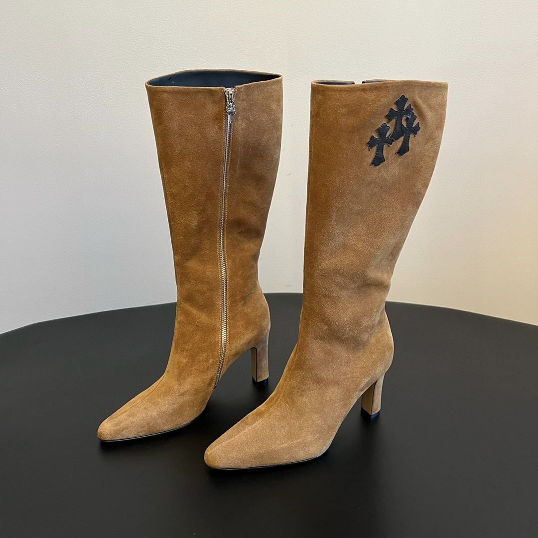 NIGO Chrome Hearts Women's Thigh High Boots Metallic Embellishment Zipper Leather Shoes Fashion Trend High Street Boots #nigo74585