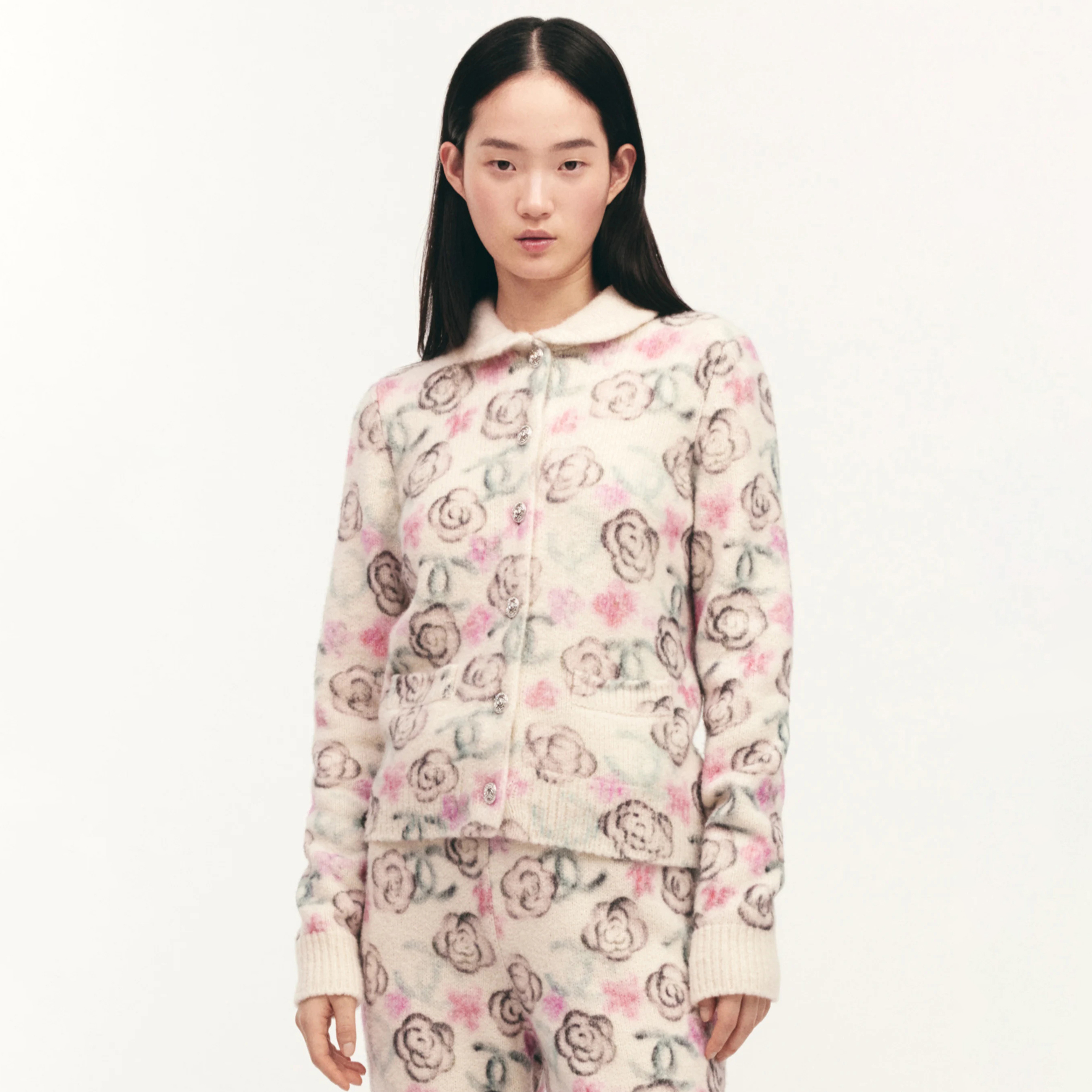 NIGO Chanel Women's Fall And Winter Floral Full Print Pattern Cashmere Single Breasted Long Sleeved Knit Jacket #nigo74614