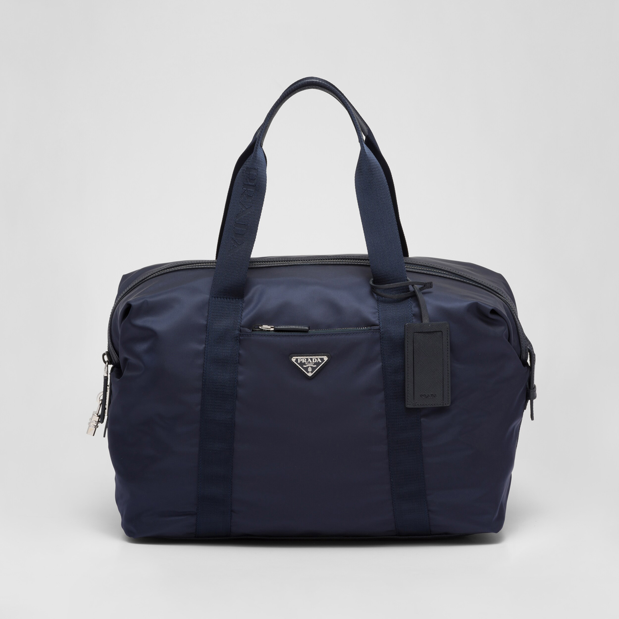 NIGO Prada Men's Blue Zipper Closure Solid Color Enameled Metal Triangle Logo Fabric Quilted Leather Tote Travel Bag Bags #nigo74598