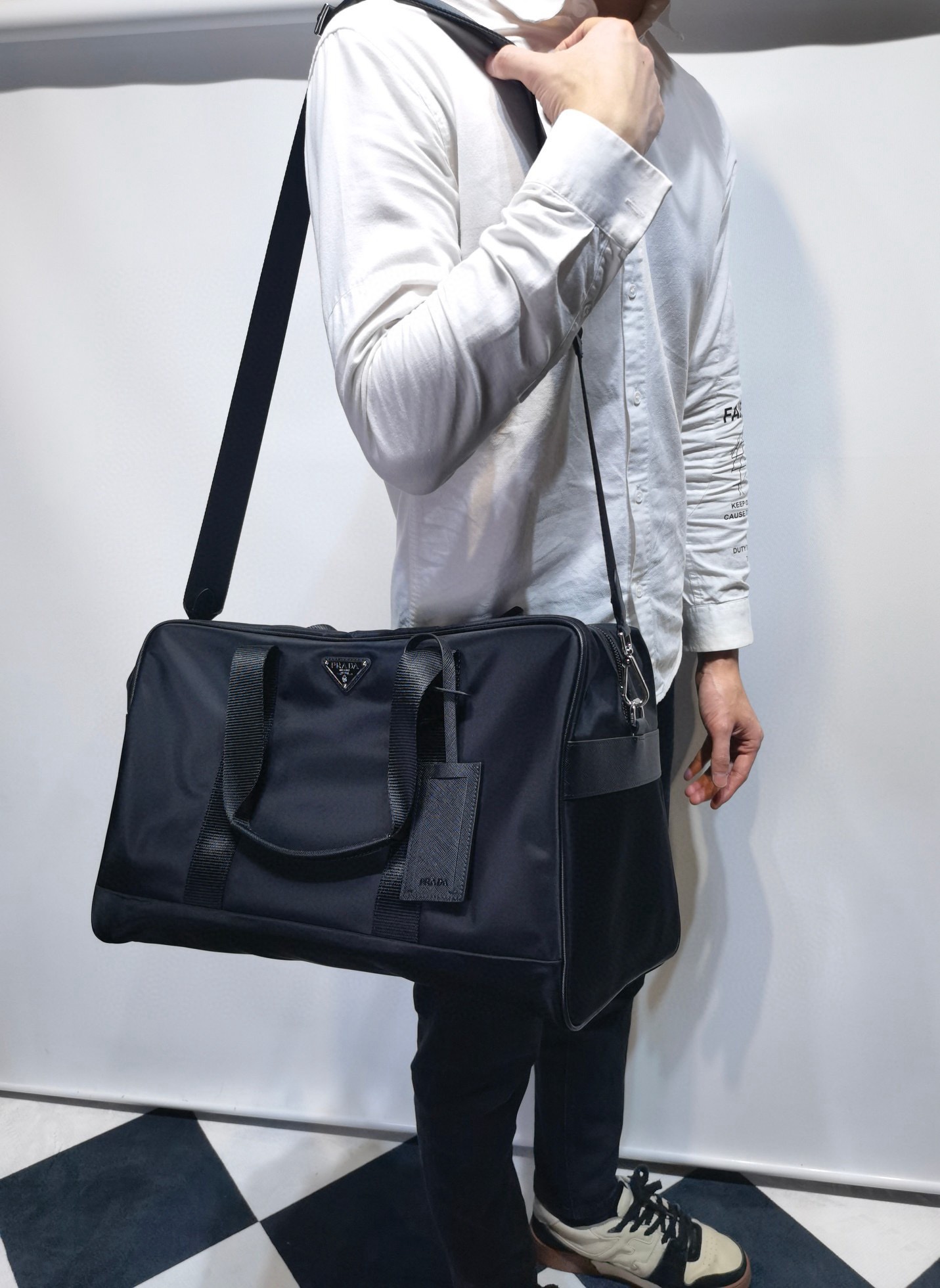 NIGO Prada Men's Blue Zipper Closure Solid Color Enameled Metal Triangle Logo Fabric Quilted Leather Tote Travel Bag Bags #nigo74599