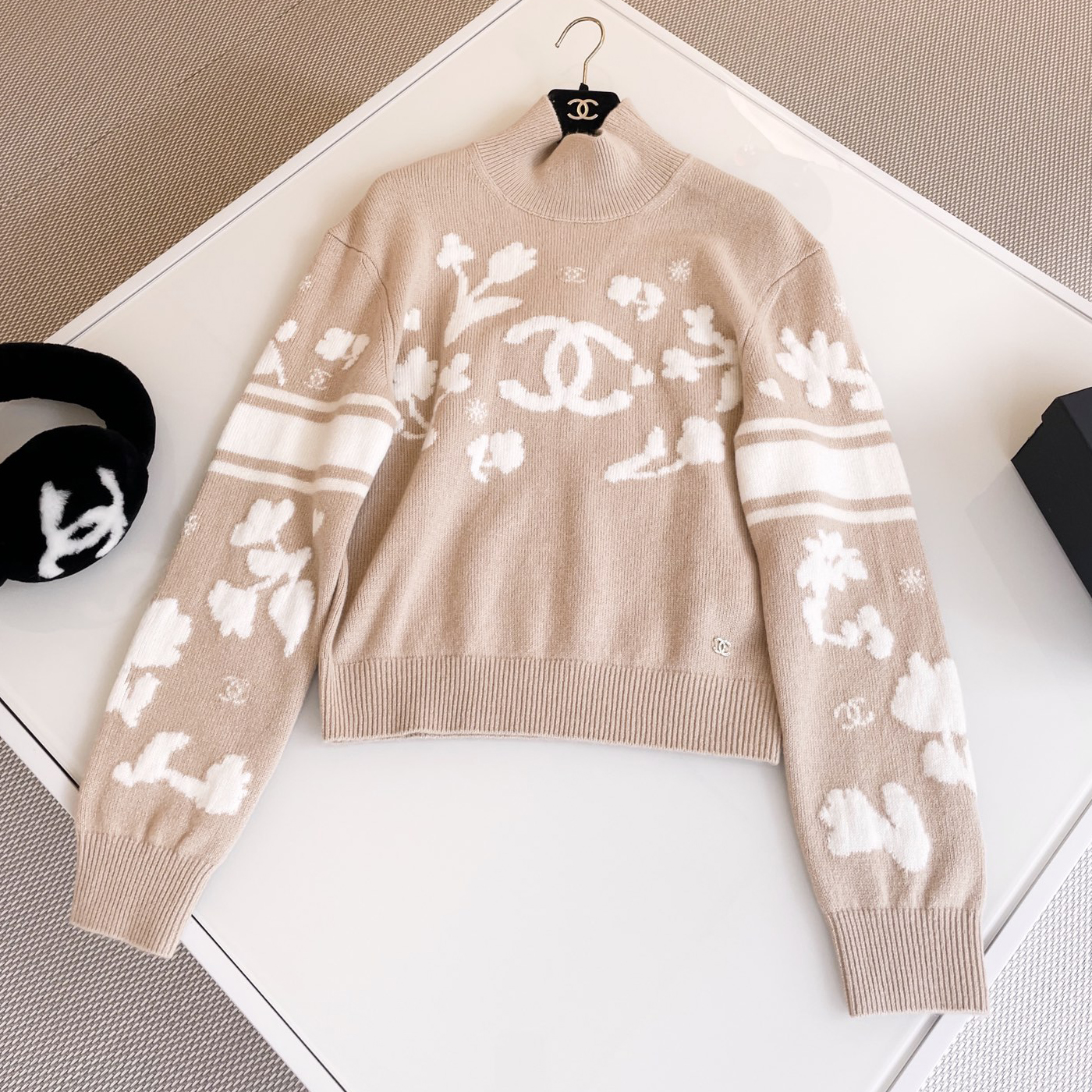 NIGO Chanel Women's Spring and Autumn Logo Printed High Neck Pullover Drop Shoulder Long Sleeve Cashmere Sweater #nigo74615