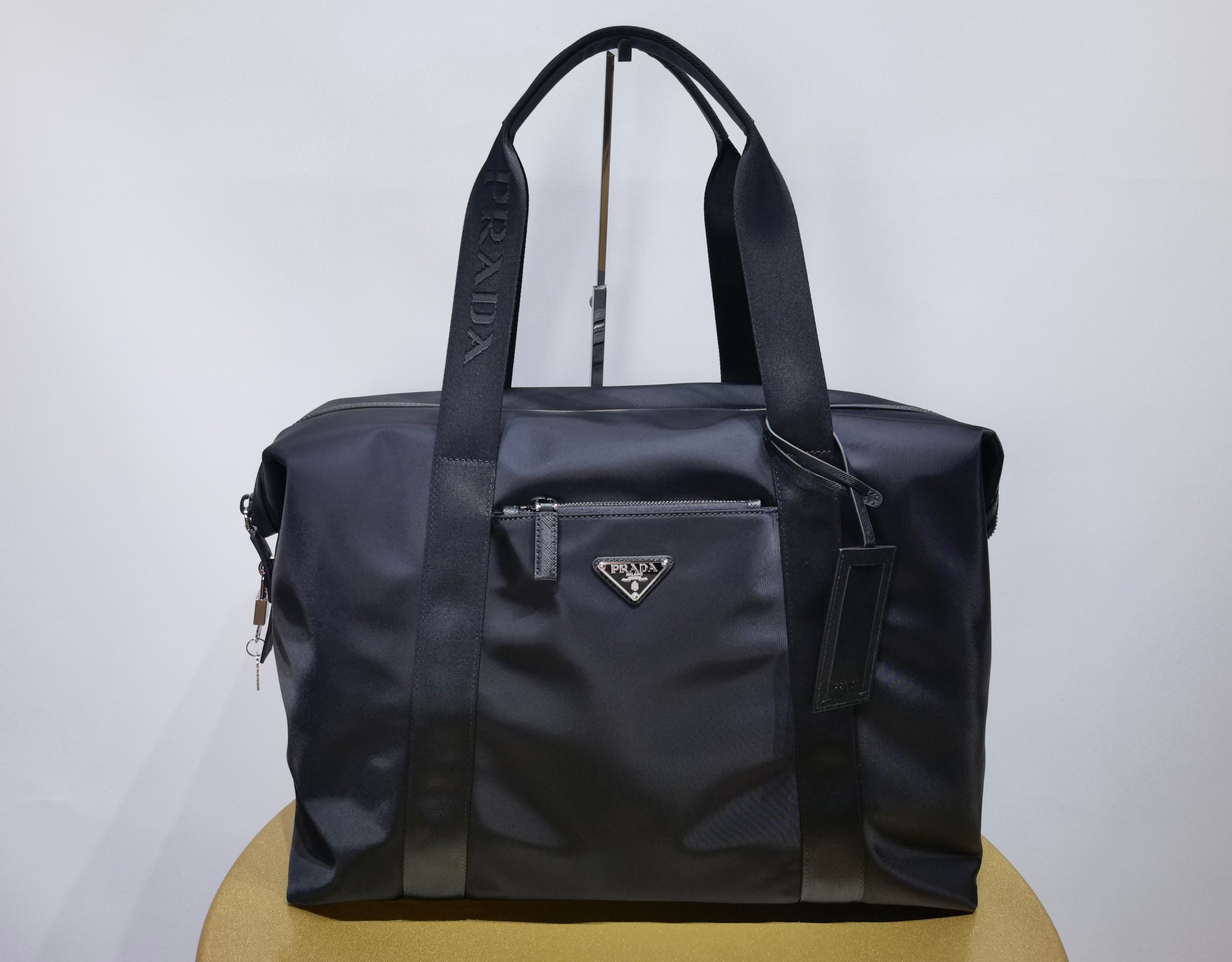 NIGO Prada Men's Blue Zipper Closure Solid Color Enameled Metal Triangle Logo Fabric Quilted Leather Tote Travel Bag Bags #nigo74598