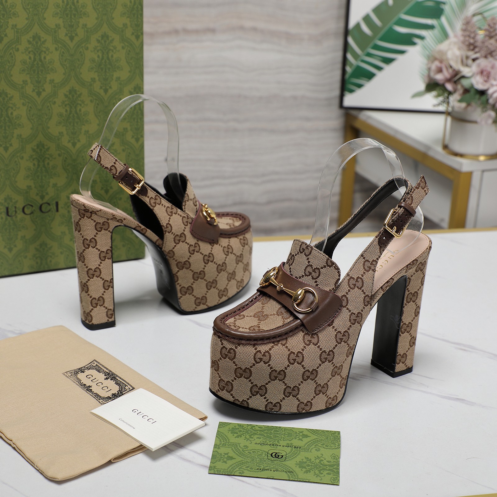 NIGO Gucci Women's Monogram Printed Solid Color Leather Buckle Round Toe Chunky High Heels Shoes #nigo74592