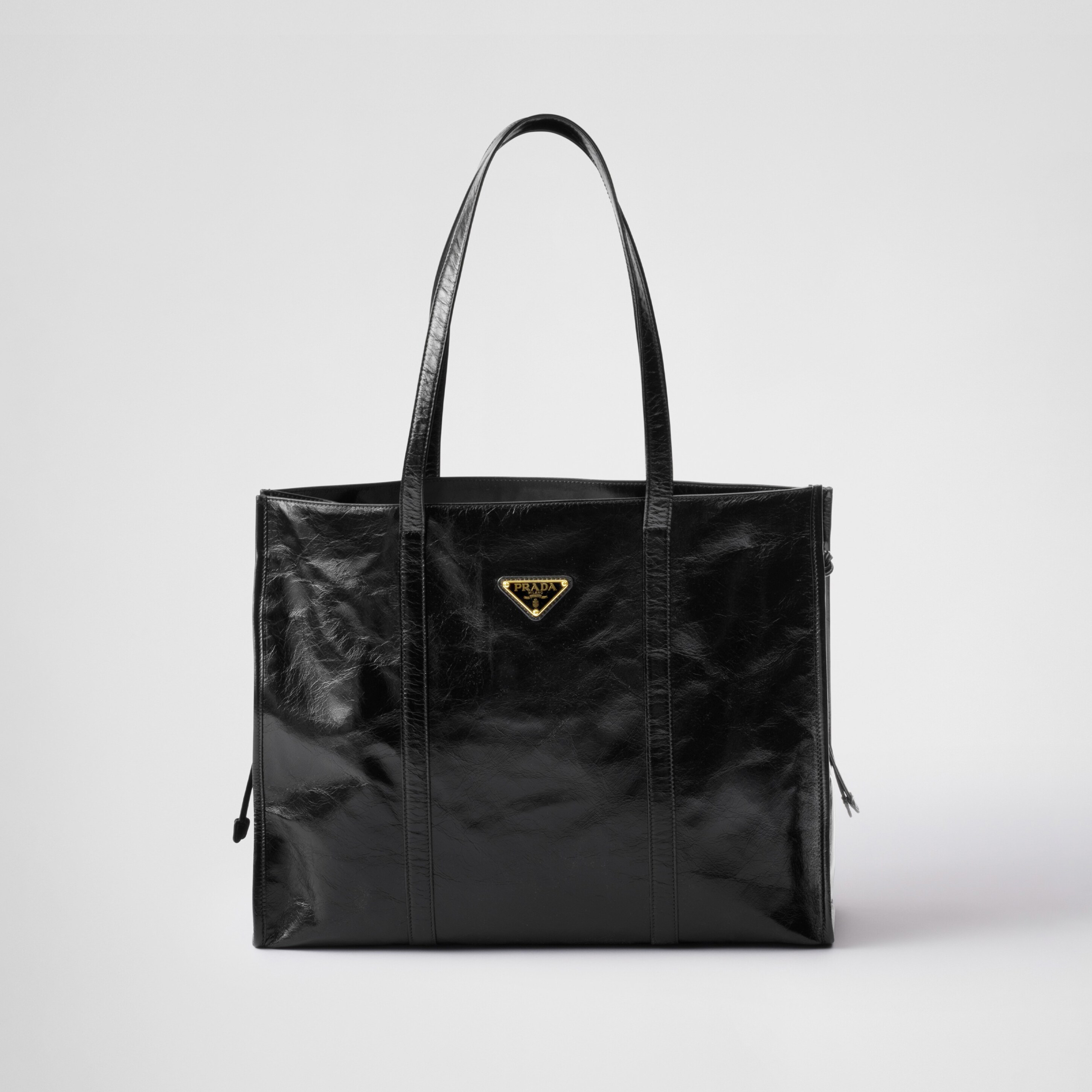 NIGO Prada Women's Black Metal Triangle Label Leather Shopper Tote Bag Handbag Bags #nigo74627