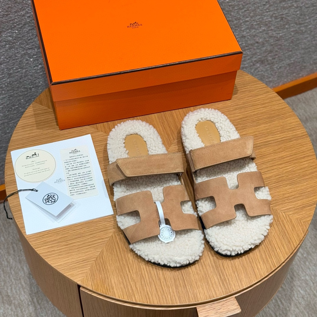 NIGO Hermes Women's Autumn and Winter Pure Color Suede Leather Casual Wool Bottom Fashion Sandal Mop Shoes #nigo74635