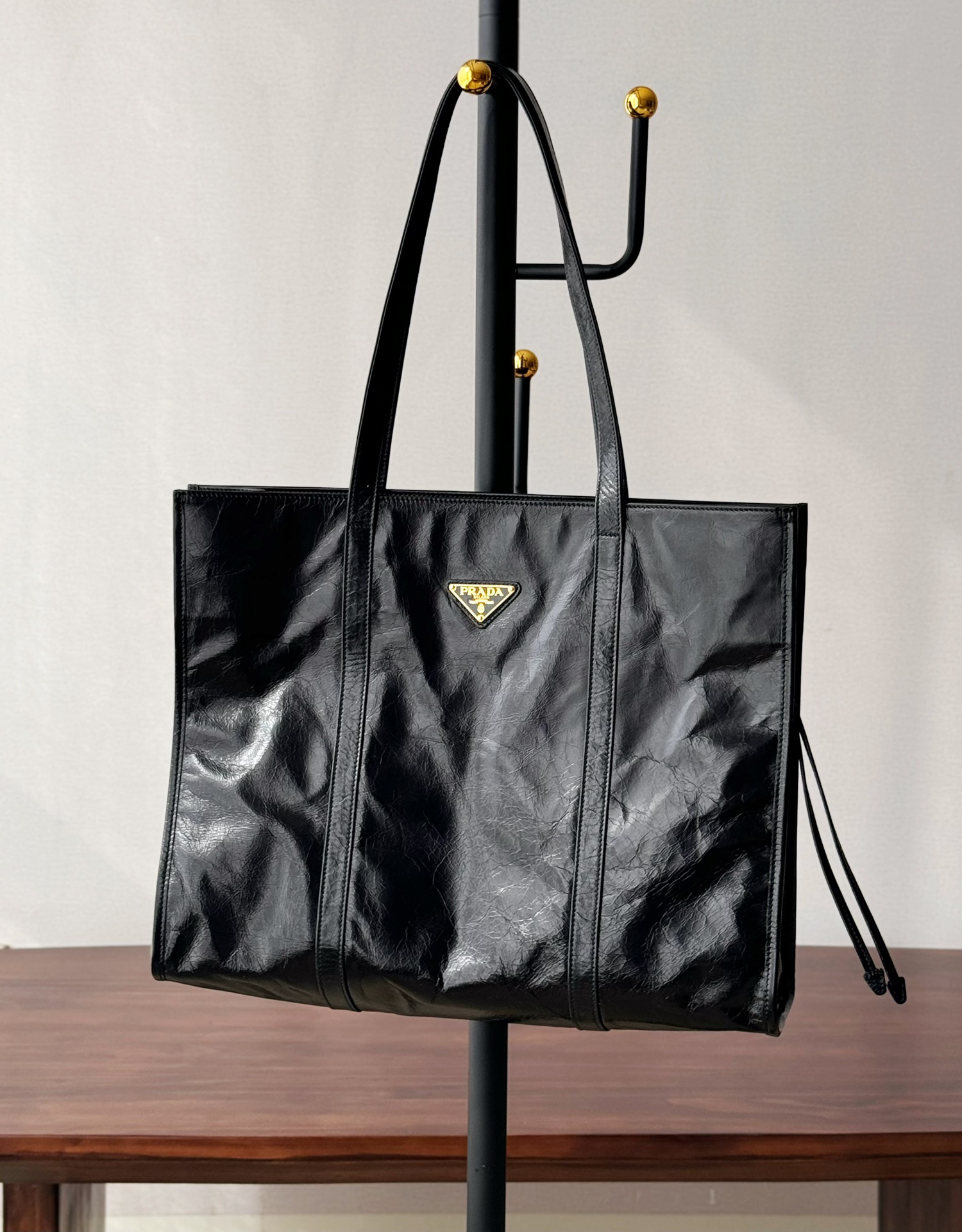 NIGO Prada Women's Black Metal Triangle Label Leather Shopper Tote Bag Handbag Bags #nigo74627