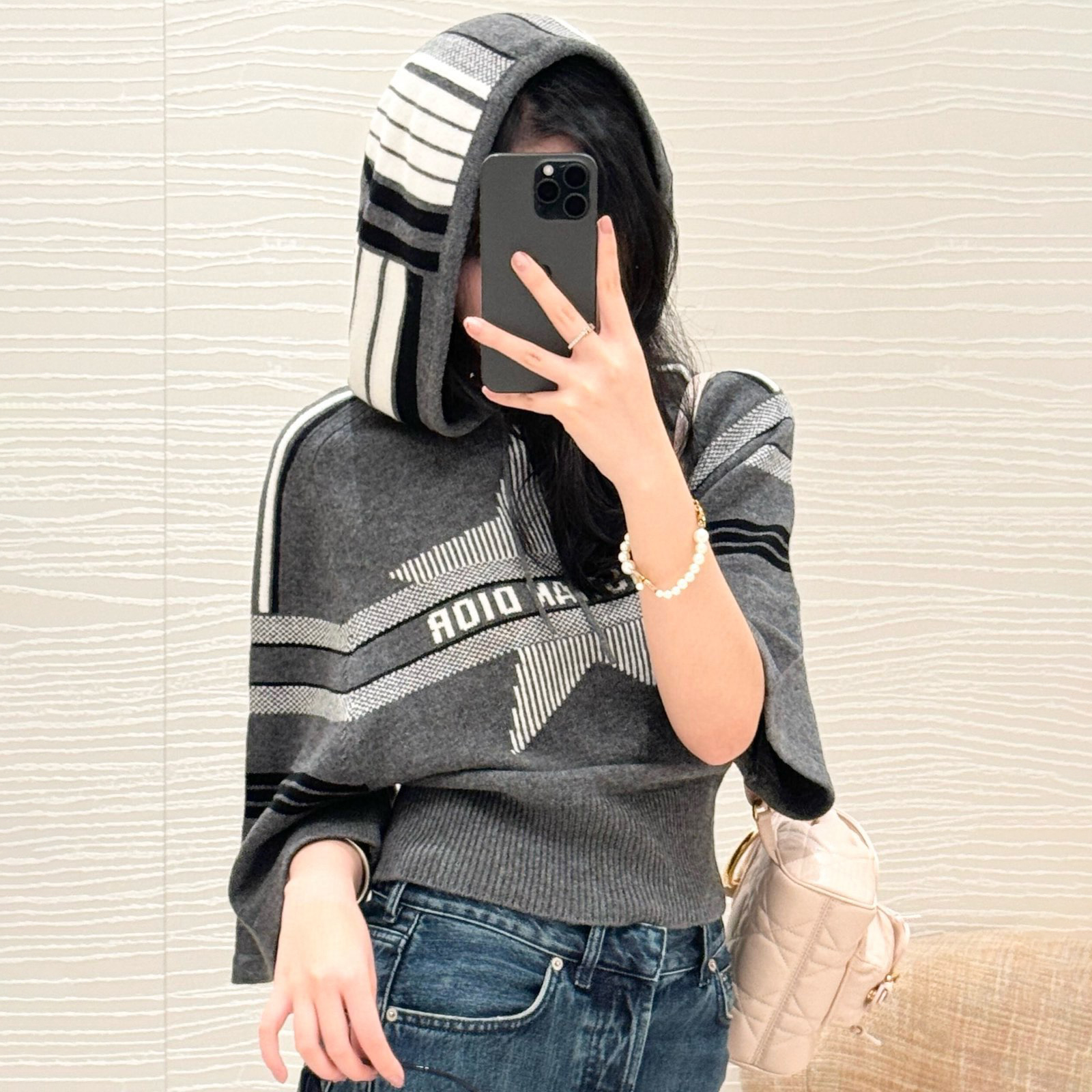 NIGO Dior Women's Spring and Autumn Letter Printed Drawstring Hooded Seven Sleeve Cashmere Sweater #nigo74636