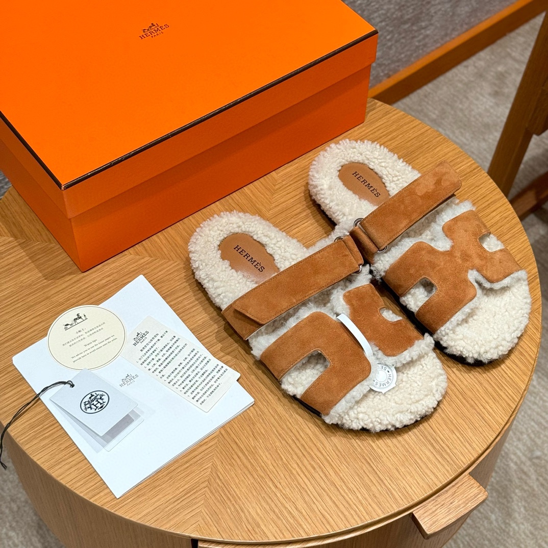 NIGO Hermes Women's Autumn and Winter Pure Color Suede Leather Casual Wool Bottom Fashion Sandal Mop Shoes #nigo74635