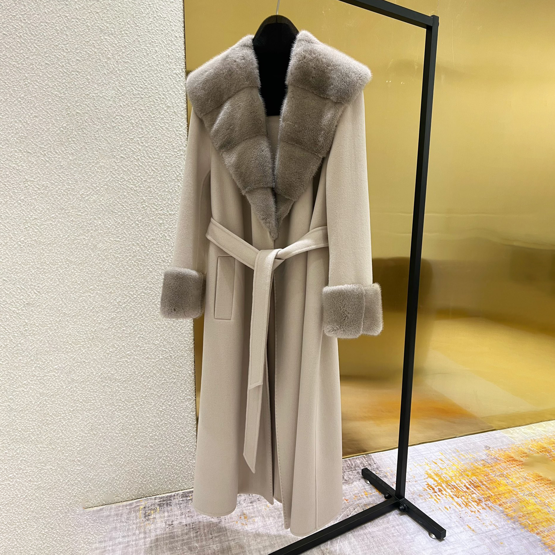 NIGO Loro Piana Women's Fall And Winter Solid Color Mink Shawl Collar Wool Fabric Drawstring Long Coat Jacket #nigo74642