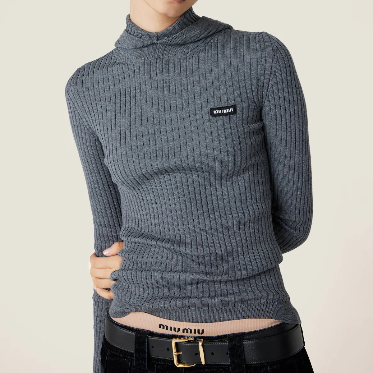 NIGO MiuMiu Women's Spring and Autumn Solid Color Wool High Neck Hooded Knitted Sweater #nigo74651