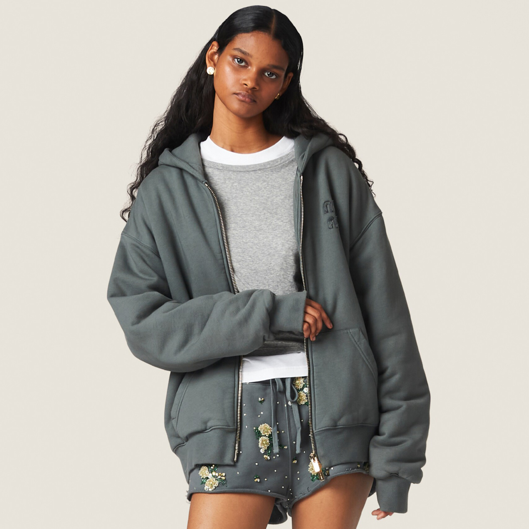 NIGO MiuMiu Women's Spring & Autumn Solid Color Cotton Double Zipper Hooded Long Sleeve Jacket #nigo74644