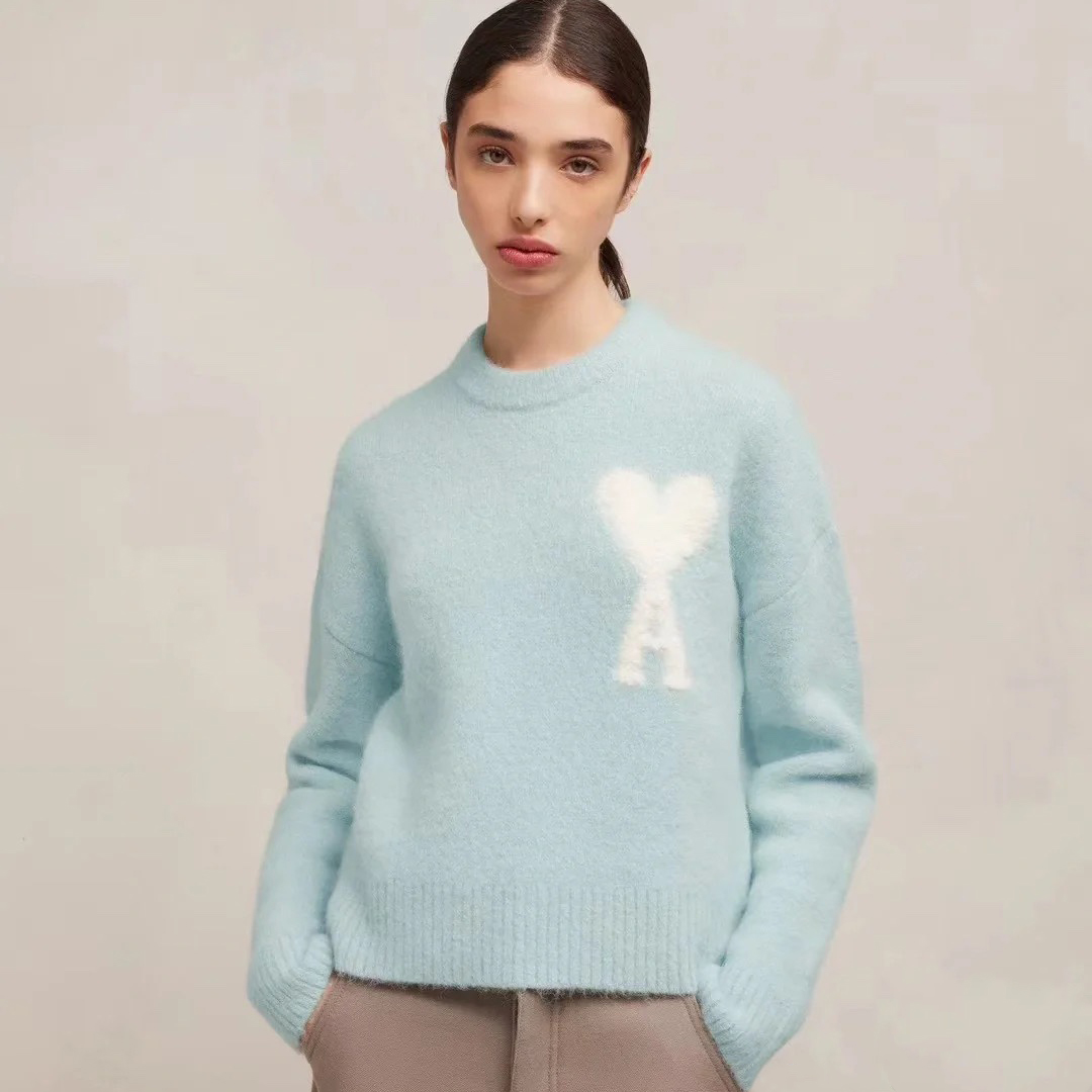 NIGO Ami Men's And Women's Spring And Autumn Solid Color Love Letter Print Round Neck Wool Knit Long Sleeve Sweater #nigo74647