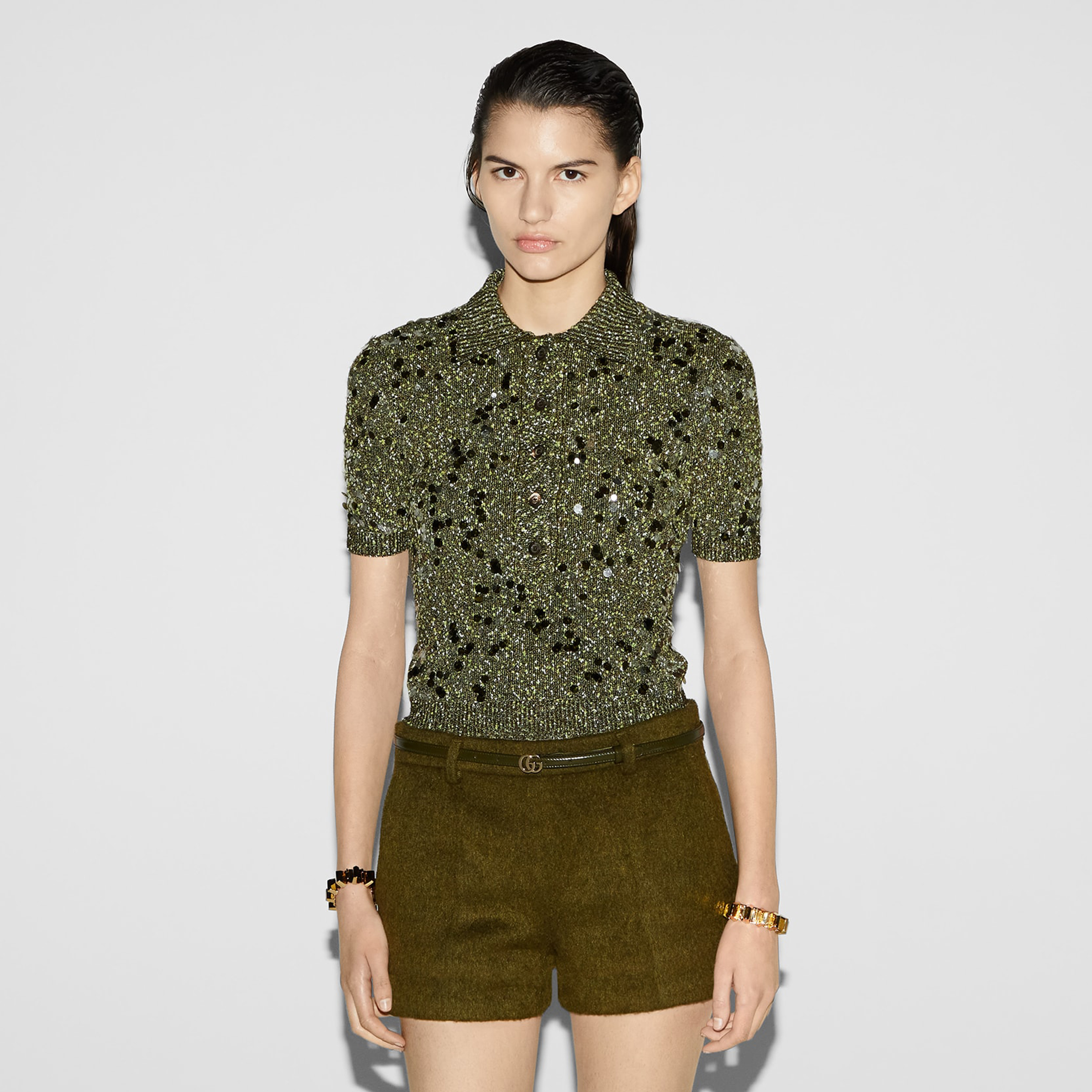 NIGO Gucci Women's Spring, Summer And Fall Full Print Sequin Embroidery Lapel Knit Short Sleeve Polo Shirt Ngvp #nigo9761