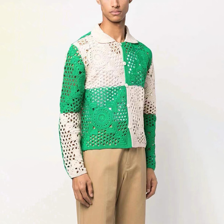 NIGO Bode Men's Spring, Summer And Fall Colorblocking Cotton Fitted Knit Hollow Out Long Sleeve Shirt Ngvp #nigo9765