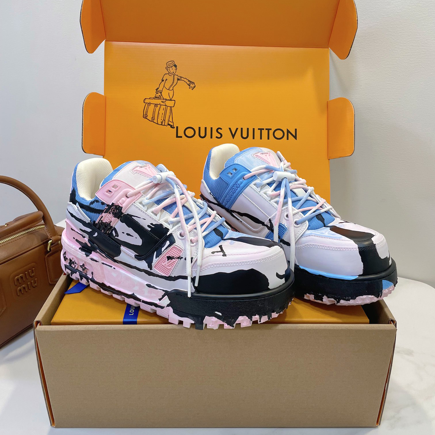 NIGO Louis Vuitton LV Trainer Men's and Women's Round Toe Handmade Hand-painted Pattern Leather Lace-up Low Top Board Shoes #nigo74657