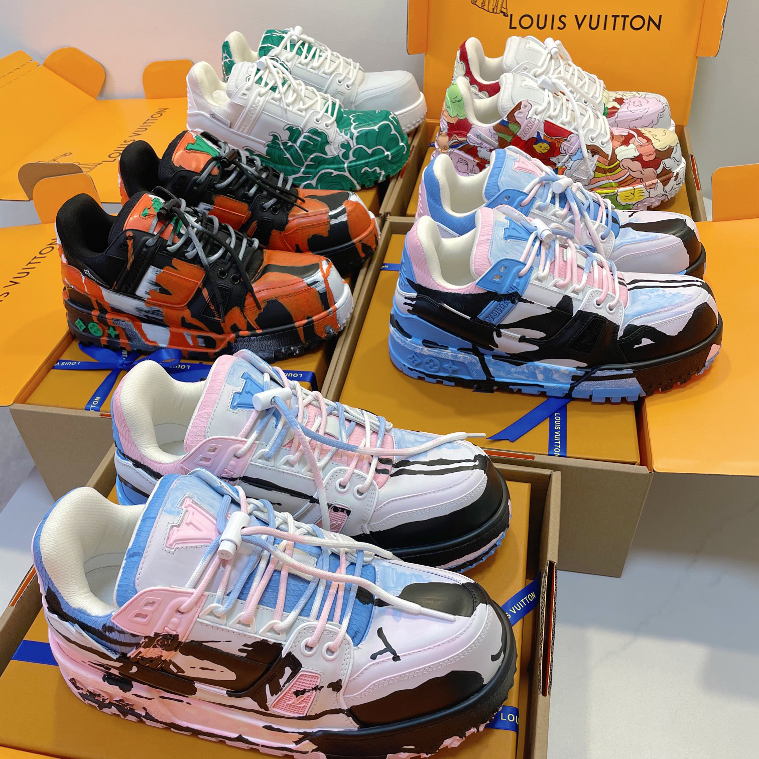 NIGO Louis Vuitton LV Trainer Men's and Women's Round Toe Handmade Hand-painted Pattern Leather Lace-up Low Top Board Shoes #nigo74657