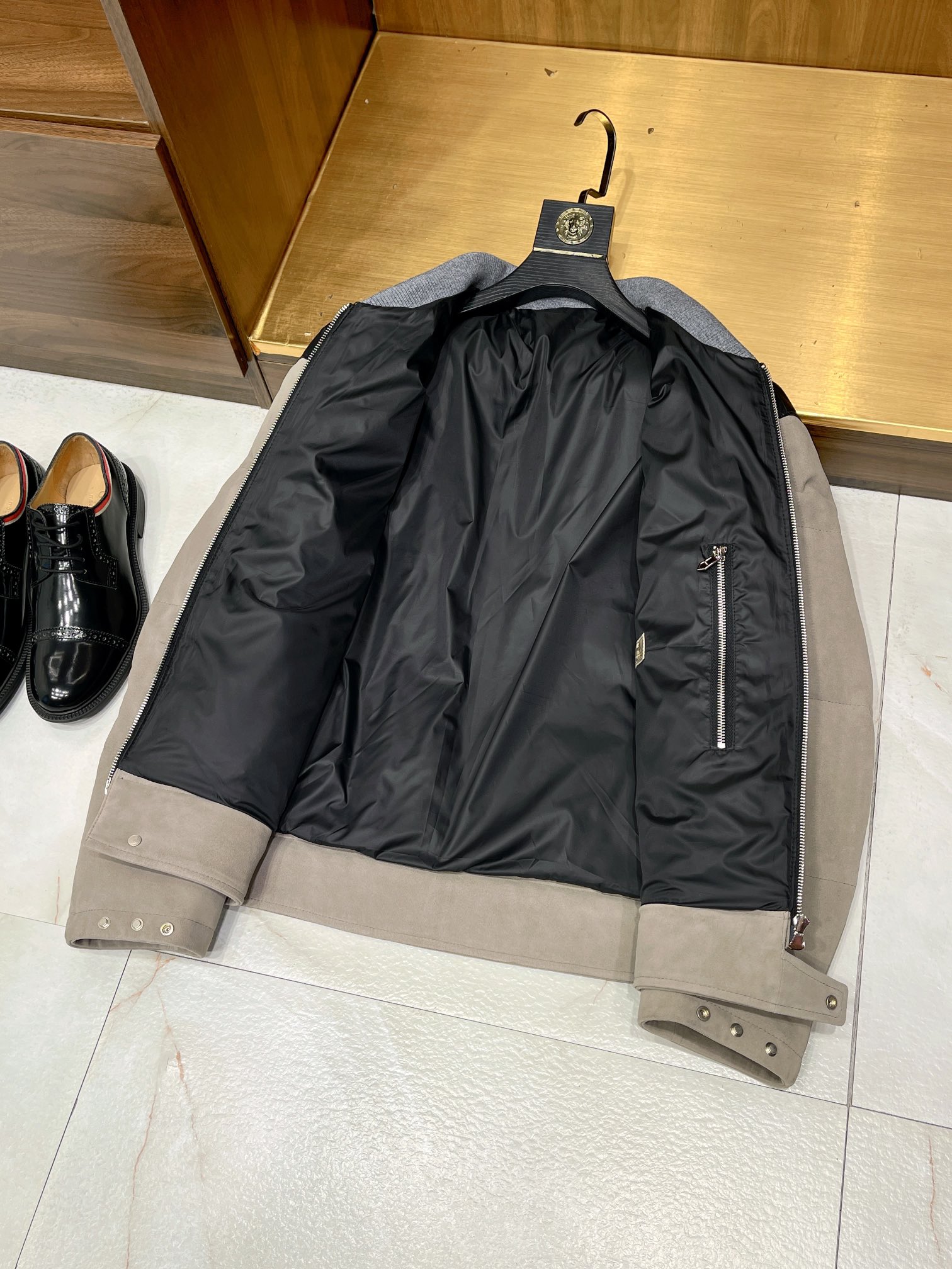 NIGO Hermes Men's Solid Color Suede Sheepskin Patchwork Winter Coat Zipper Standing Collar Long Sleeve Fitted Puffer Down Coat Jacket Ngvp #nigo9769