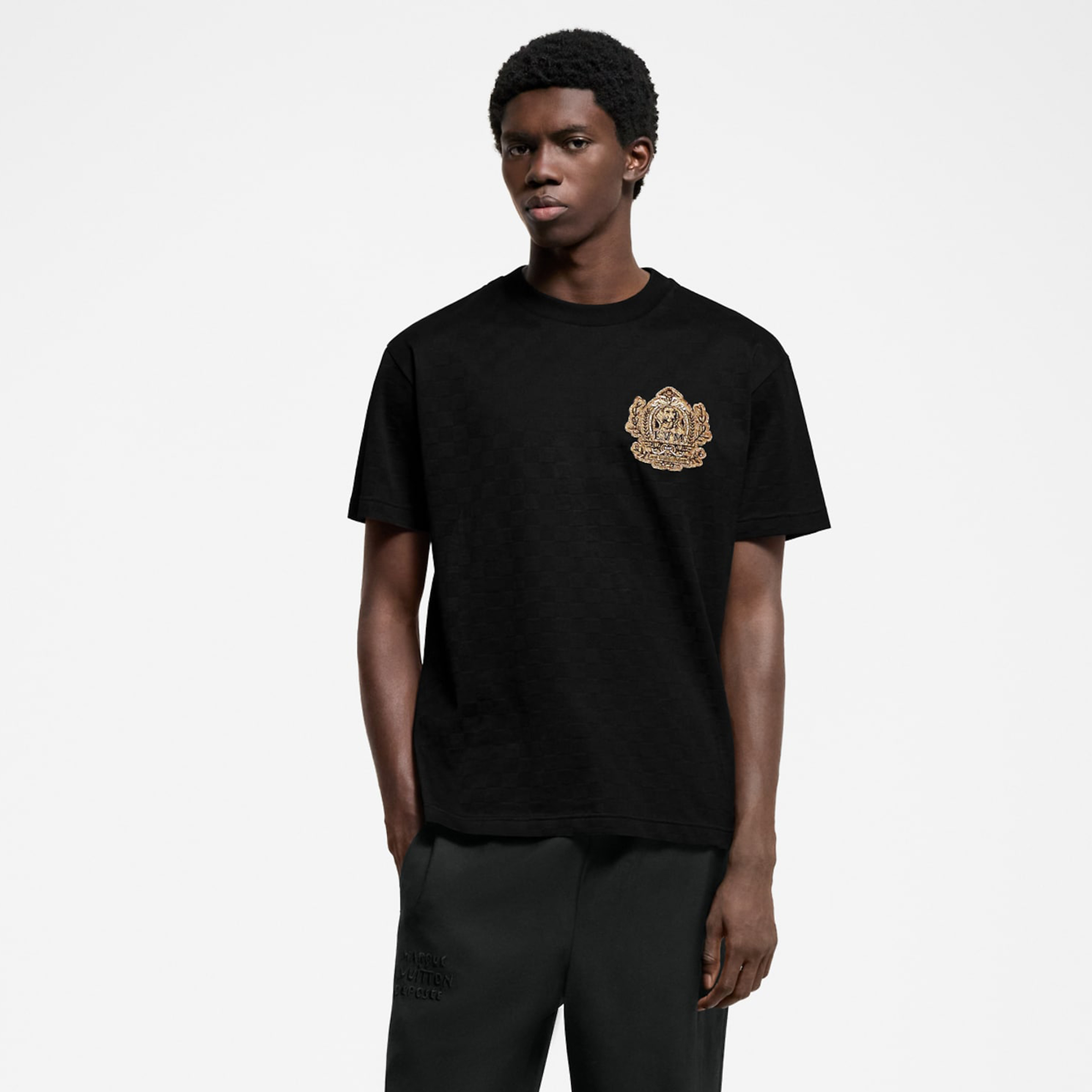 NIGO Louis Vuitton Appliquéd Cotton T Shirt Damier Jacquard Embroidered Logo Black Knit Round Neck Short Sleeve Top Casual Tee #nigo71799