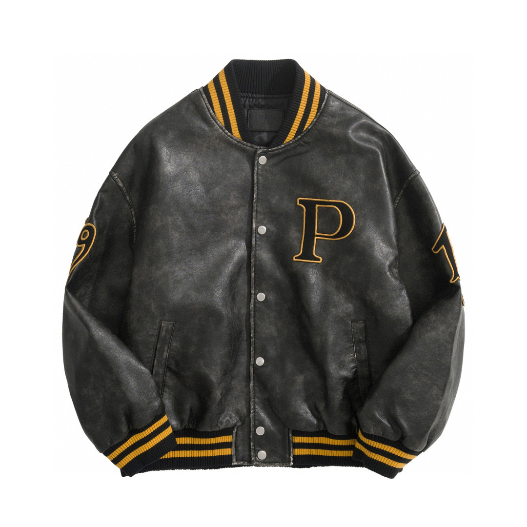 NIGO Prada Men's And Women's Spring And Autumn Retro Funky Leather Flight Jacket Zip Logo College Style Long Sleeve Zip Jacket Ngvp #nigo9783