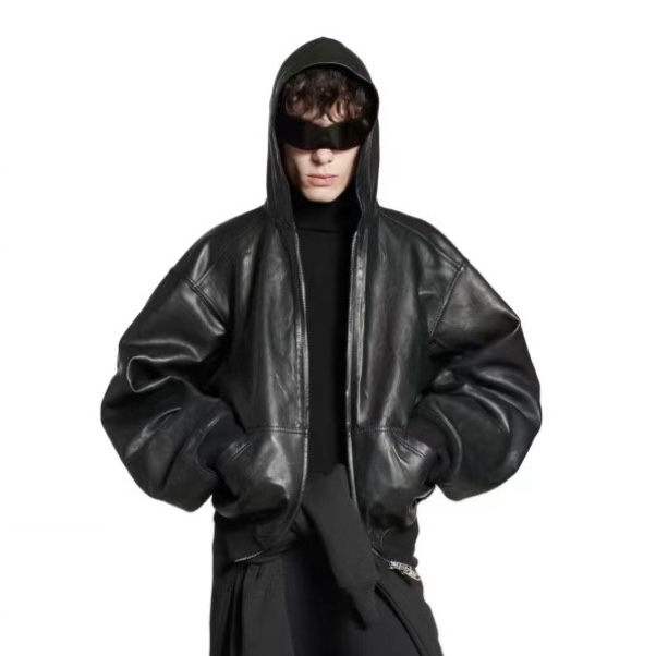 NIGO Balenciaga Men's Women's Autumn And Winter Loose Contour Hooded Leather Jacket Zip High Street Hip Hop Biker Style Jacket Ngvp #nigo9784
