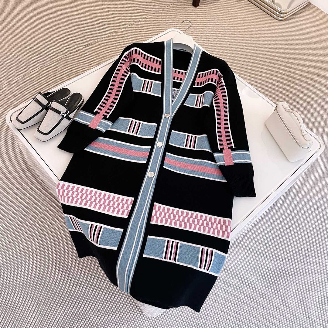 NIGO Hermes Women's Spring, Fall And Winter “Lettres Equestres” Cardigan Colorblocked Striped V-Neck Long-Sleeved Cashmere Knit Coat Ngvp #nigo9779