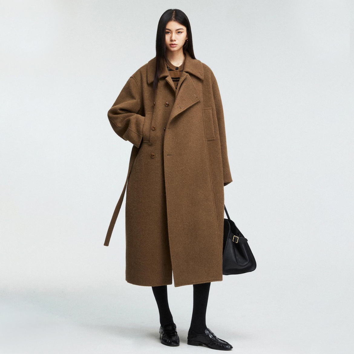 NIGO Lemaire Women's Spring, Autumn And Winter Asymmetric Detachable Belt Lapel Wool Blend Long Sleeve Solid Color Coat Ngvp #nigo9781