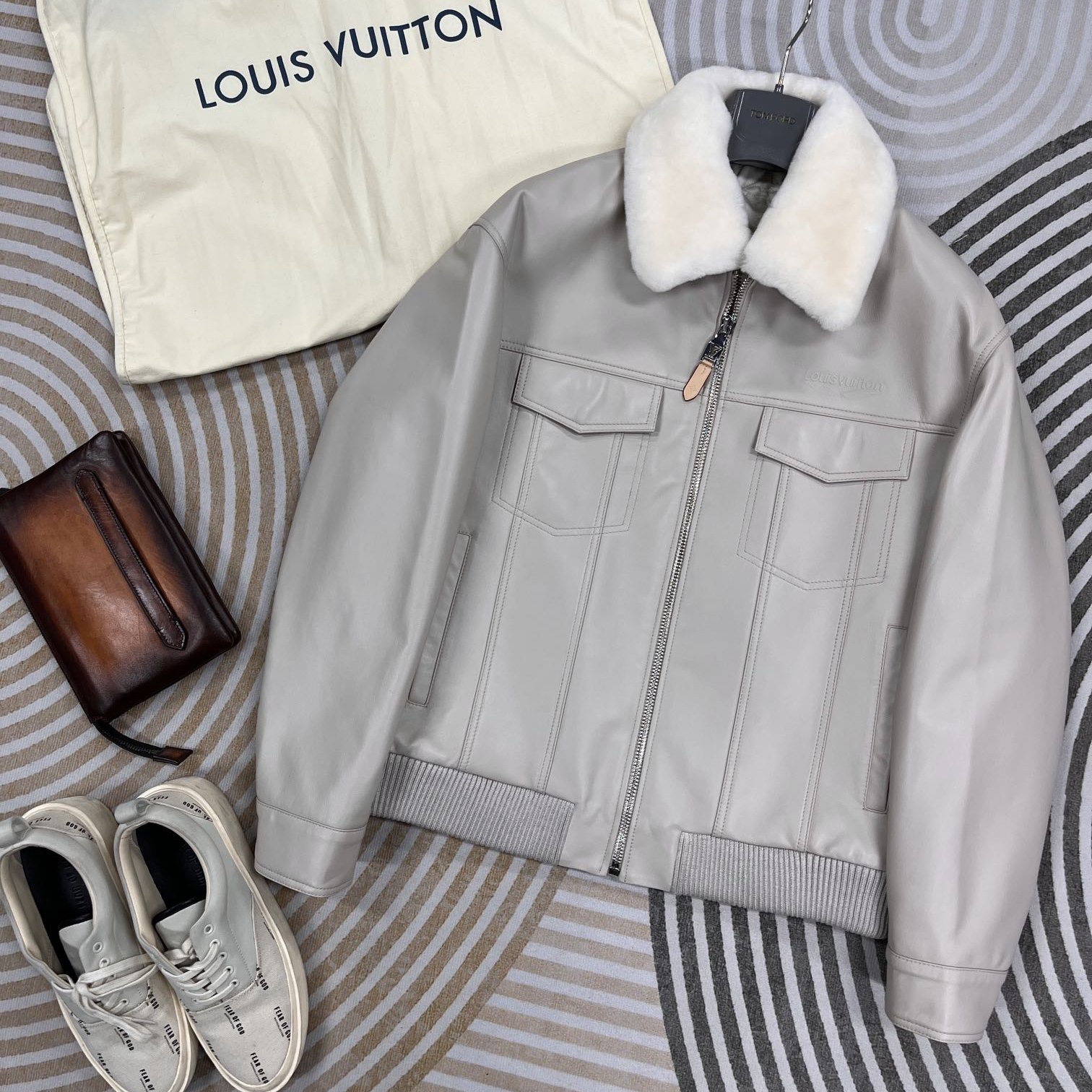 NIGO Louis Vuitton Men's Autumn and Winter Solid Color Fur Collar Sheepskin Zipper Long Sleeve Jacket #nigo74719