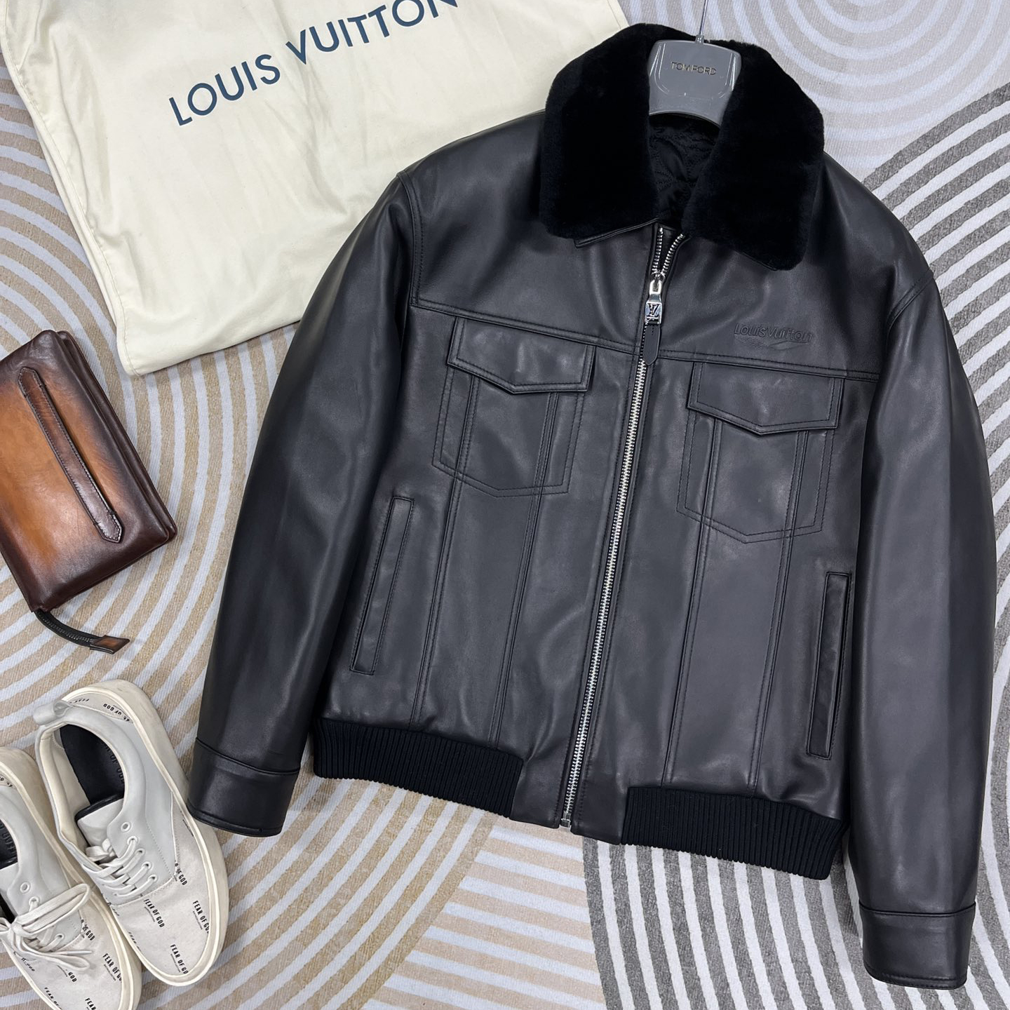 NIGO Louis Vuitton Men's Autumn and Winter Solid Color Fur Collar Sheepskin Zipper Long Sleeve Jacket #nigo74719