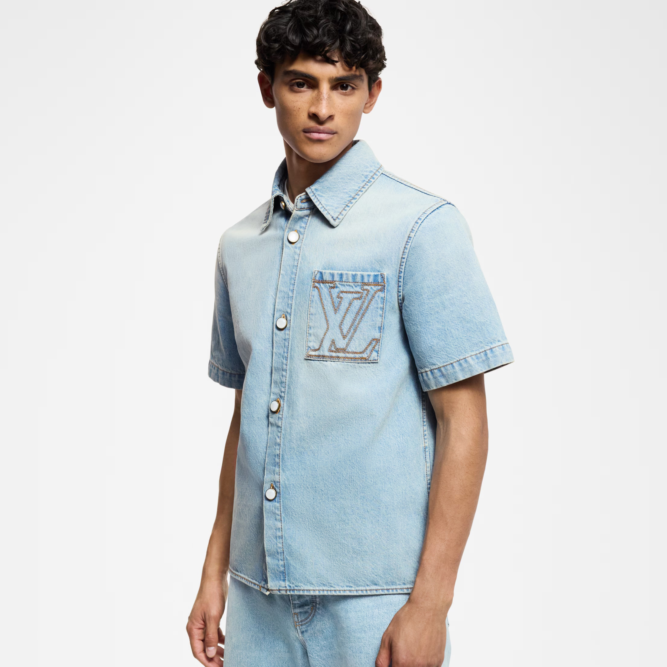 NIGO Louis Vuitton Men's Summer Blue Logo Letter Printed Pocket Single Breasted Short Sleeve Denim Shirt #nigo74716