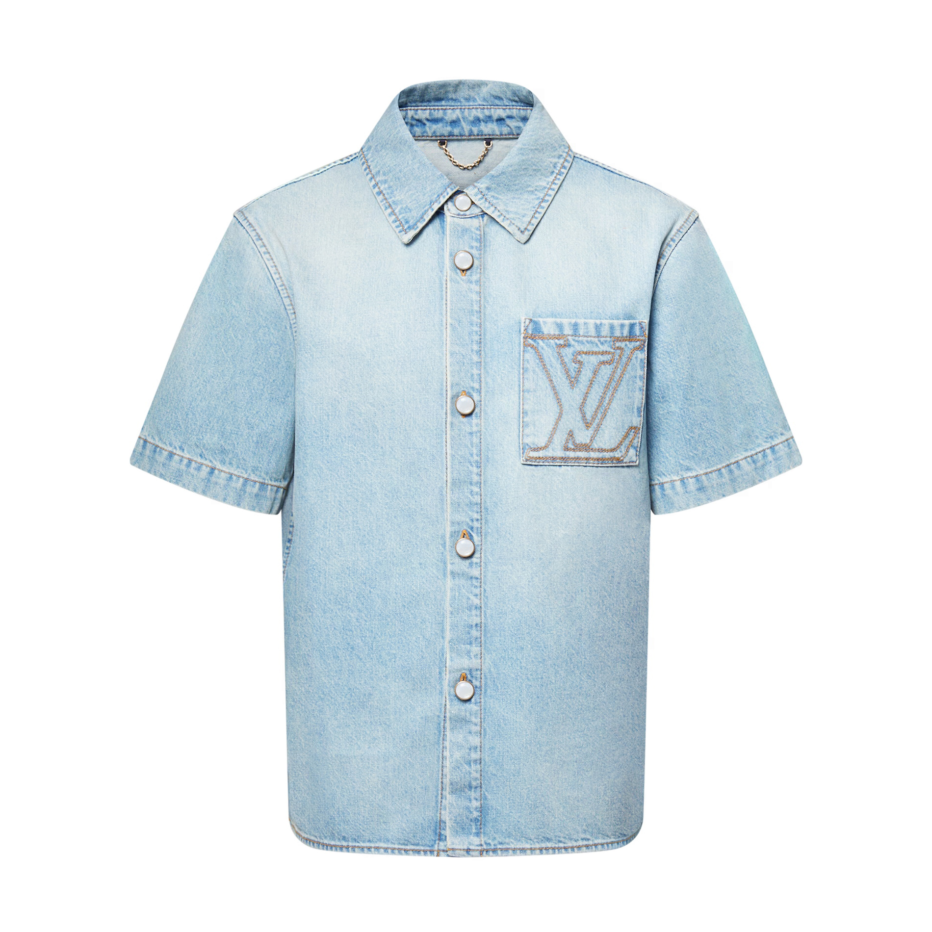 NIGO Louis Vuitton Men's Summer Blue Logo Letter Printed Pocket Single Breasted Short Sleeve Denim Shirt #nigo74716