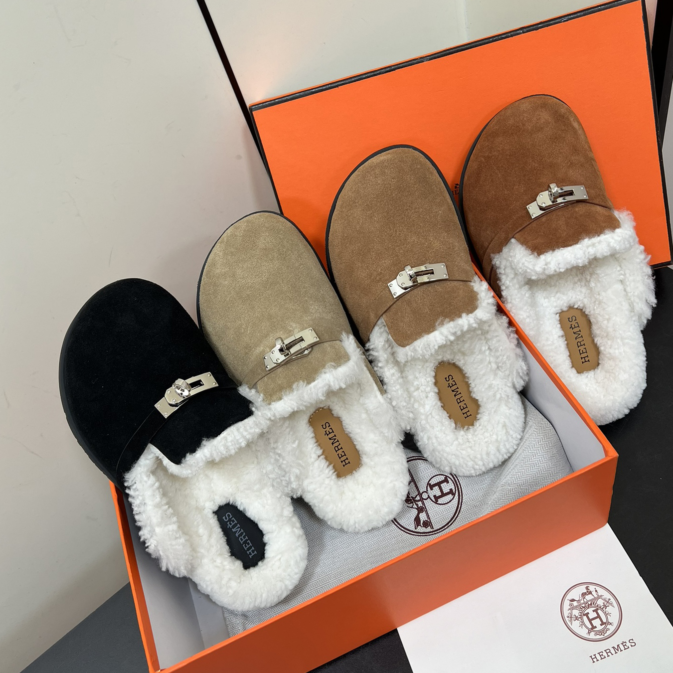 NIGO Hermes Women's Fall/Winter Solid Color Suede Leather Casual Wool Sole Fashion Birkenstocks Shoes #nigo74725