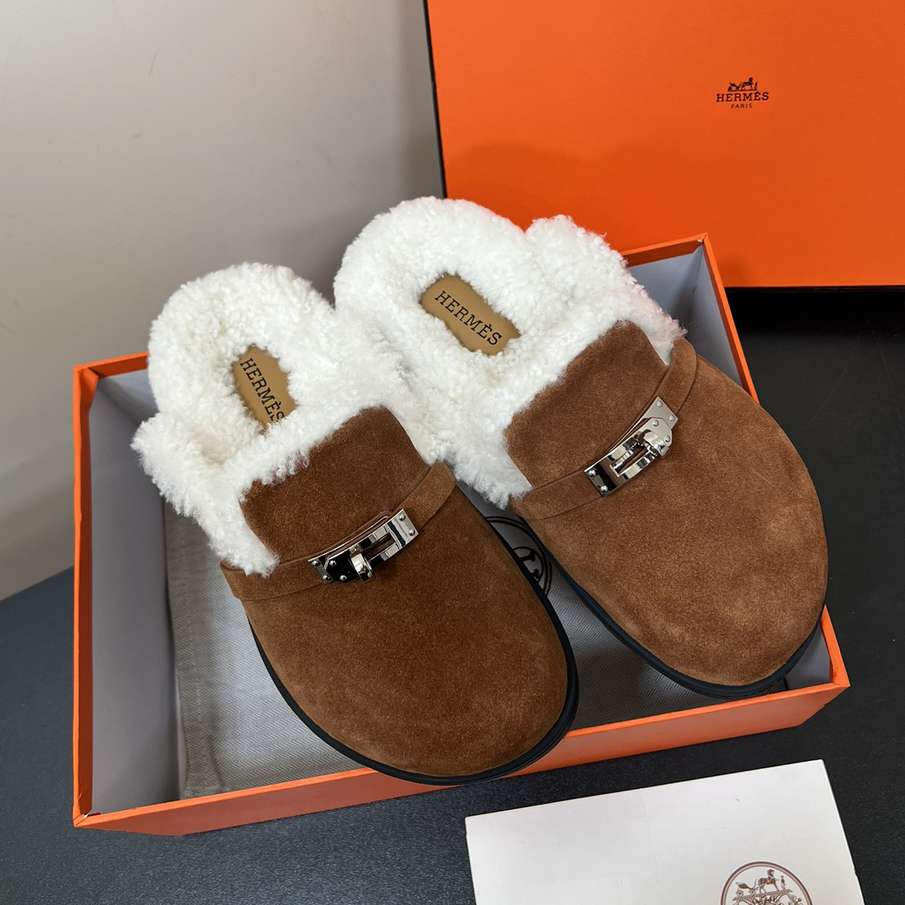 NIGO Hermes Women's Fall/Winter Solid Color Suede Leather Casual Wool Sole Fashion Birkenstocks Shoes #nigo74725