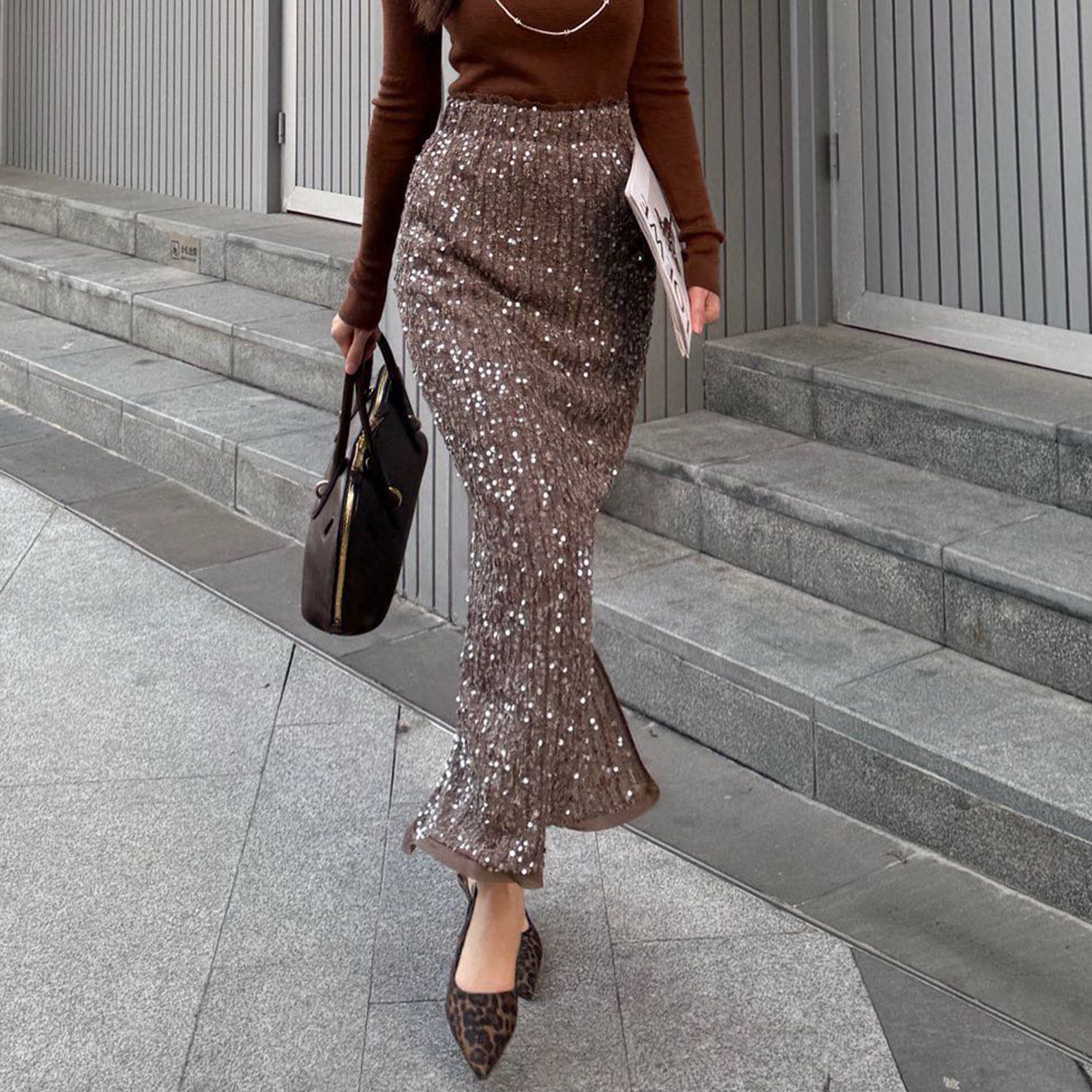 NIGO Brunello Cucinelli Women's Spring And Summer Black Sequins Mid-length High Waist Fit Casual Half Skirt Sexy Luxury Elegant Skirt Ngvp #nigo9798