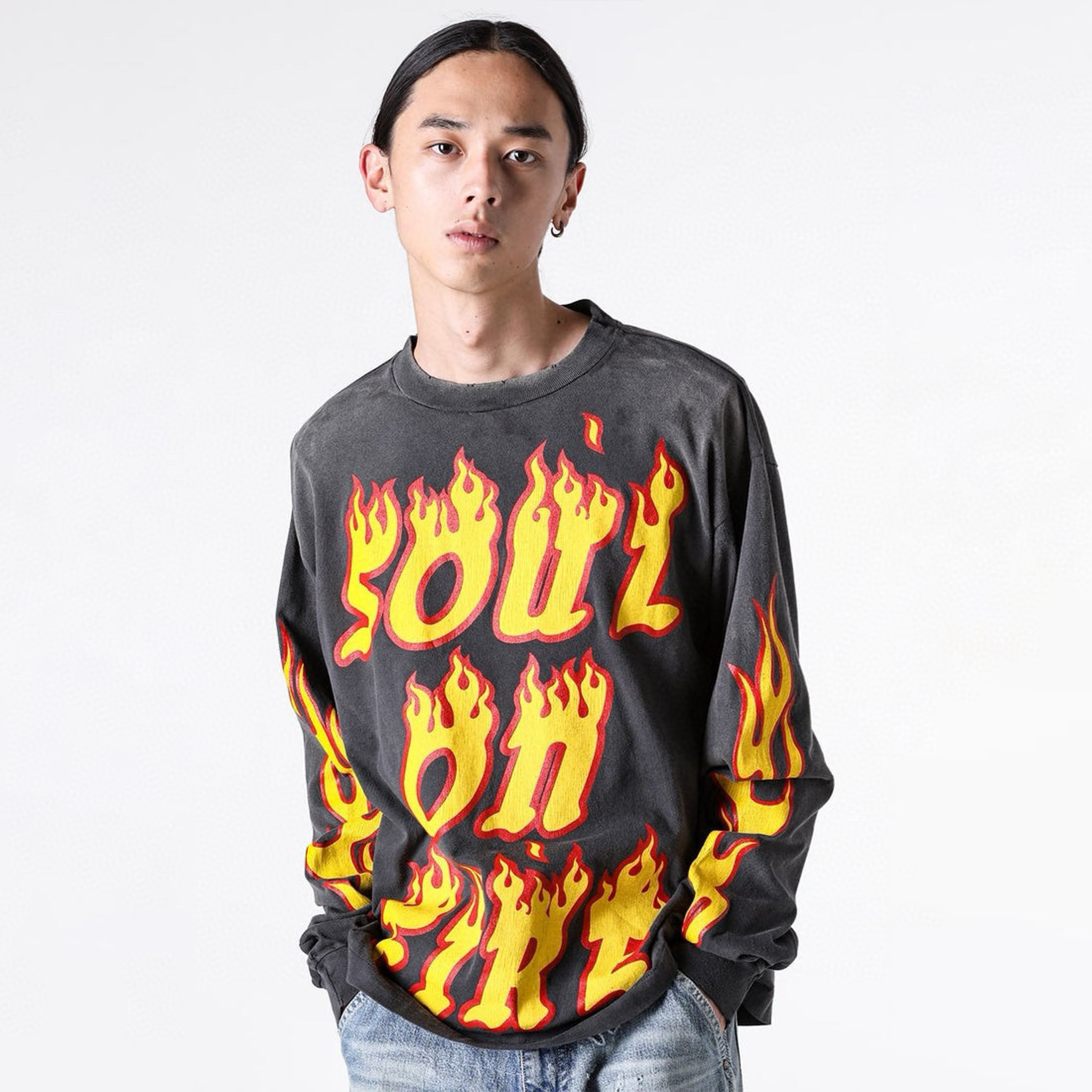 NIGO Saint Michael Men's Flame Print Retro Washed Damage Sweatshirt Spring Summer Fashion High Street Casual Trend Round Neck Long Sleeve Pullover Sweatshirt T-shirt Ngvp #nigo9795