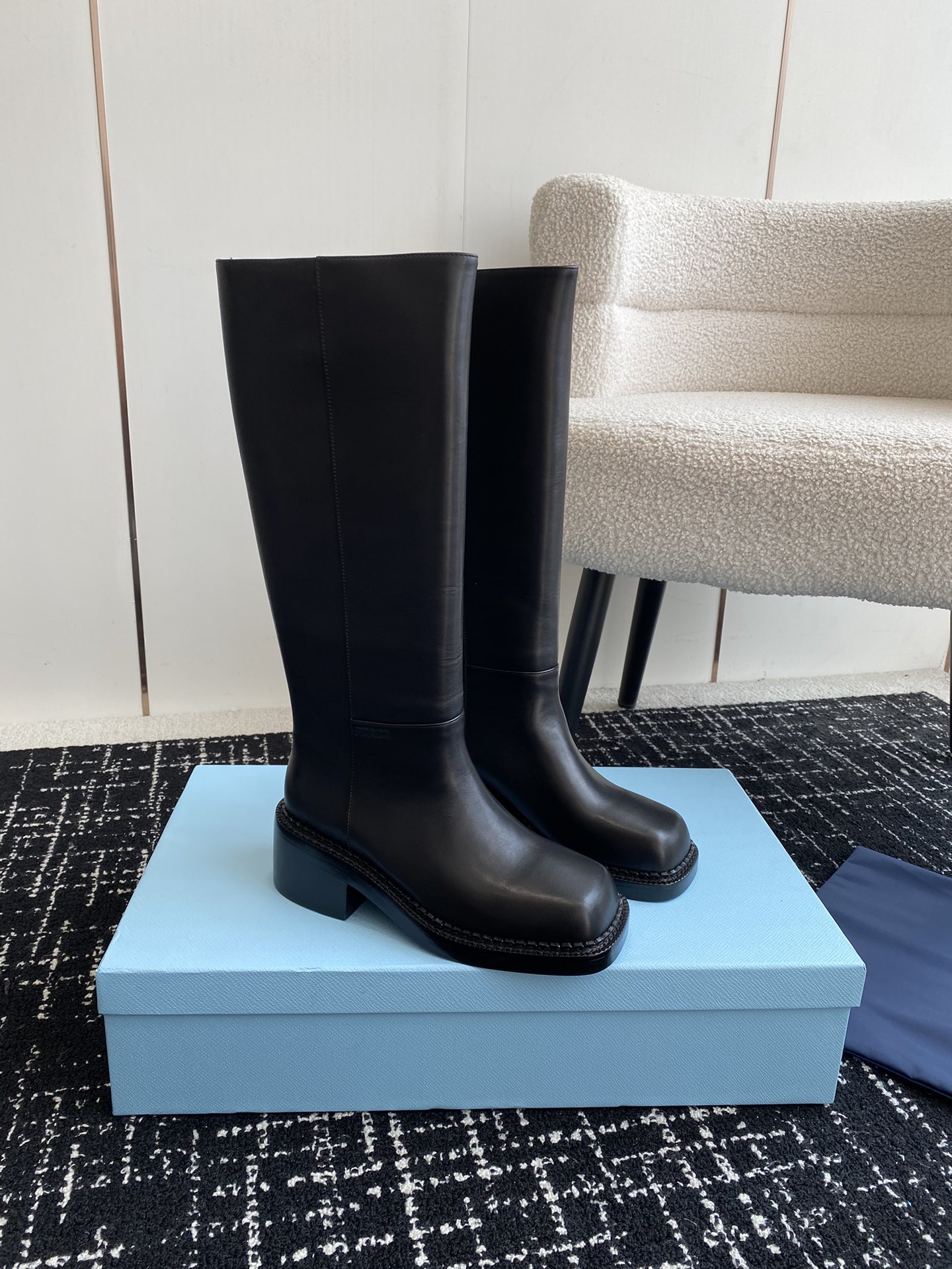 NIGO Prada Women's Autumn and Winter Solid Color Square Toe Calfskin Thick Bottom Thigh High Boots Shoes #nigo74749