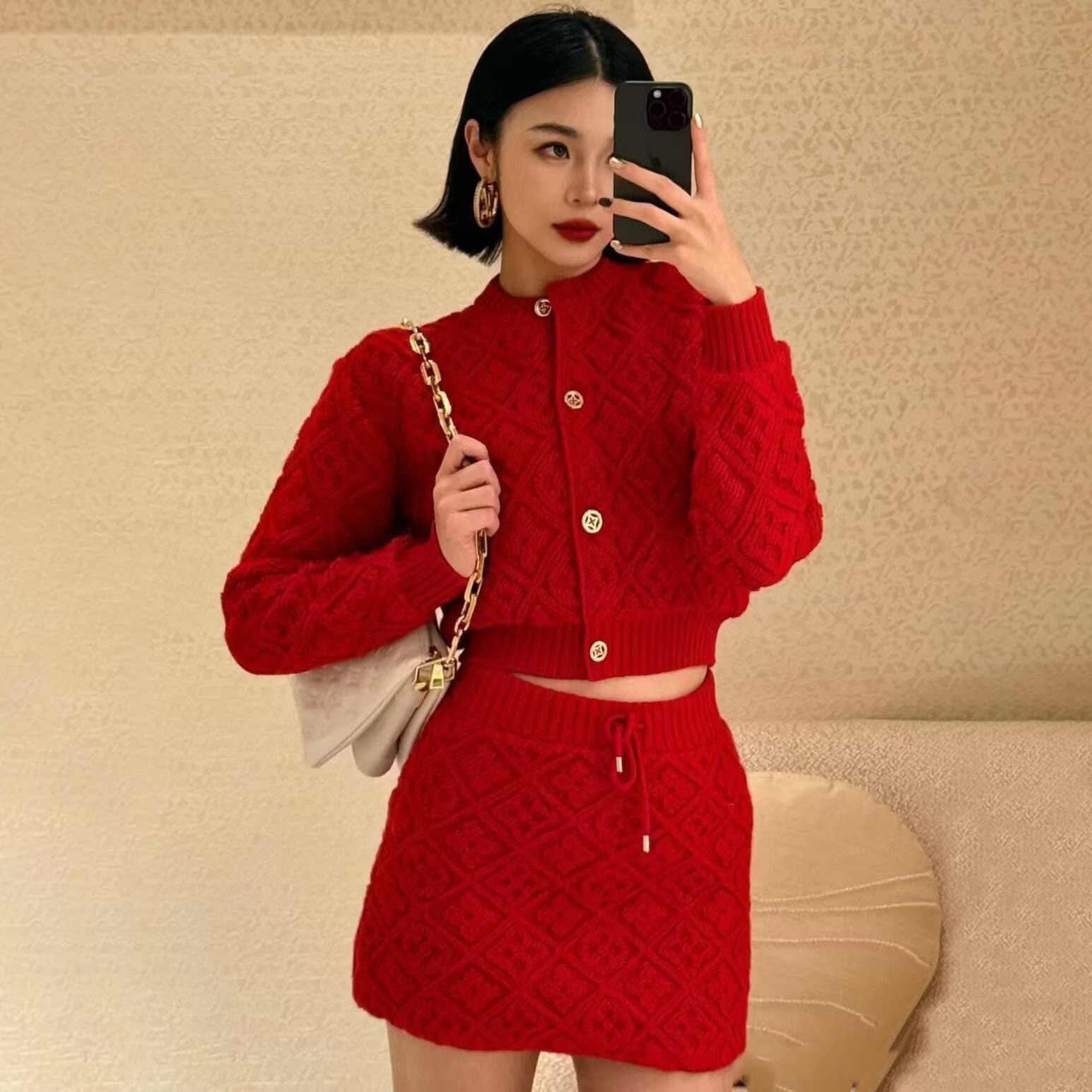 NIGO Louis Vuitton Women's Spring And Autumn Solid Color Single Breasted Ribbed Round Neck Long Sleeved Single-breasted Wool Cardigan Jacket Sweater Drawstring Mid Waist Casual Skirt Suit Set #nigo74753