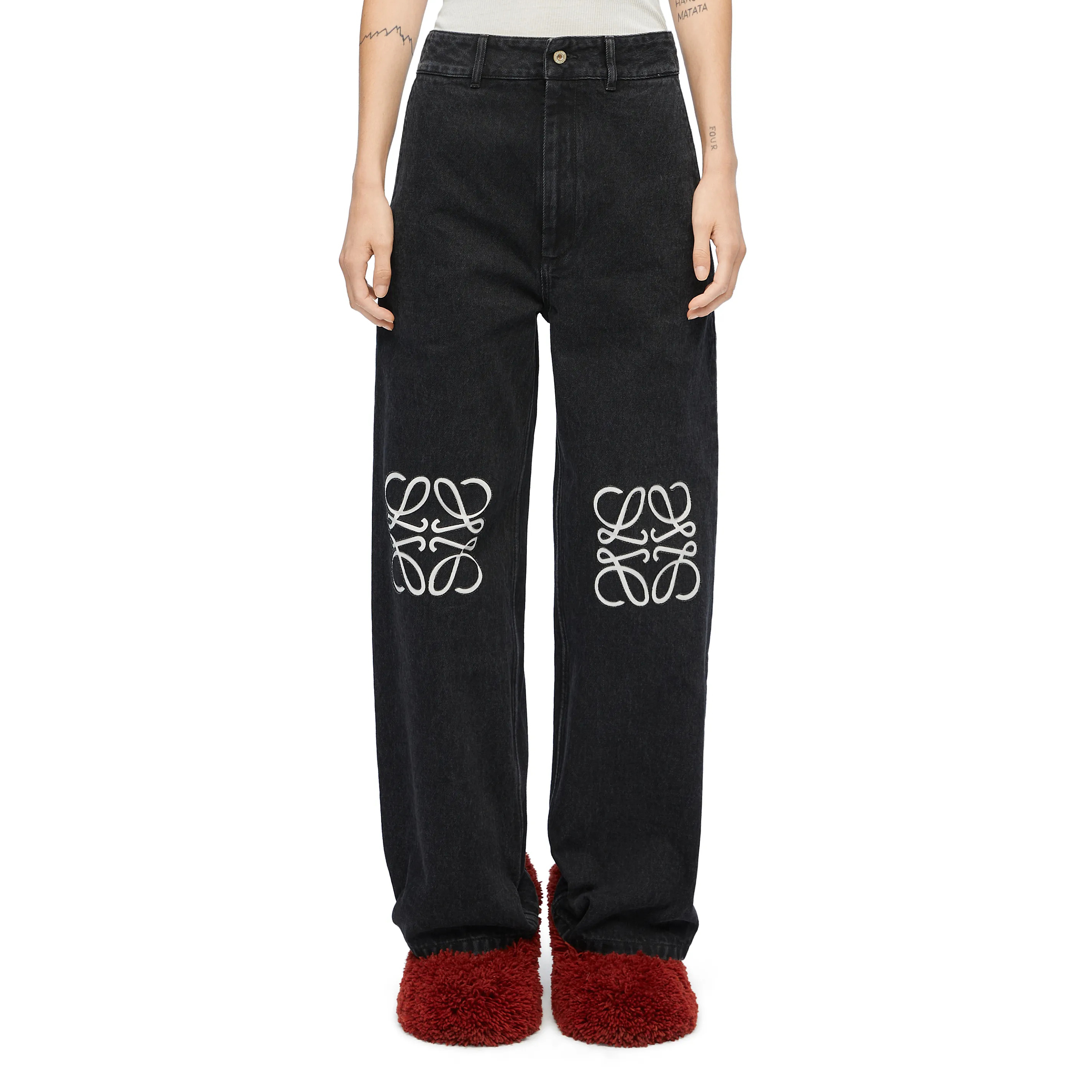 NIGO Loewe Women's Spring and Autumn Logo Print Black Low Rise Zipper Loose Jeans Pants #nigo74754