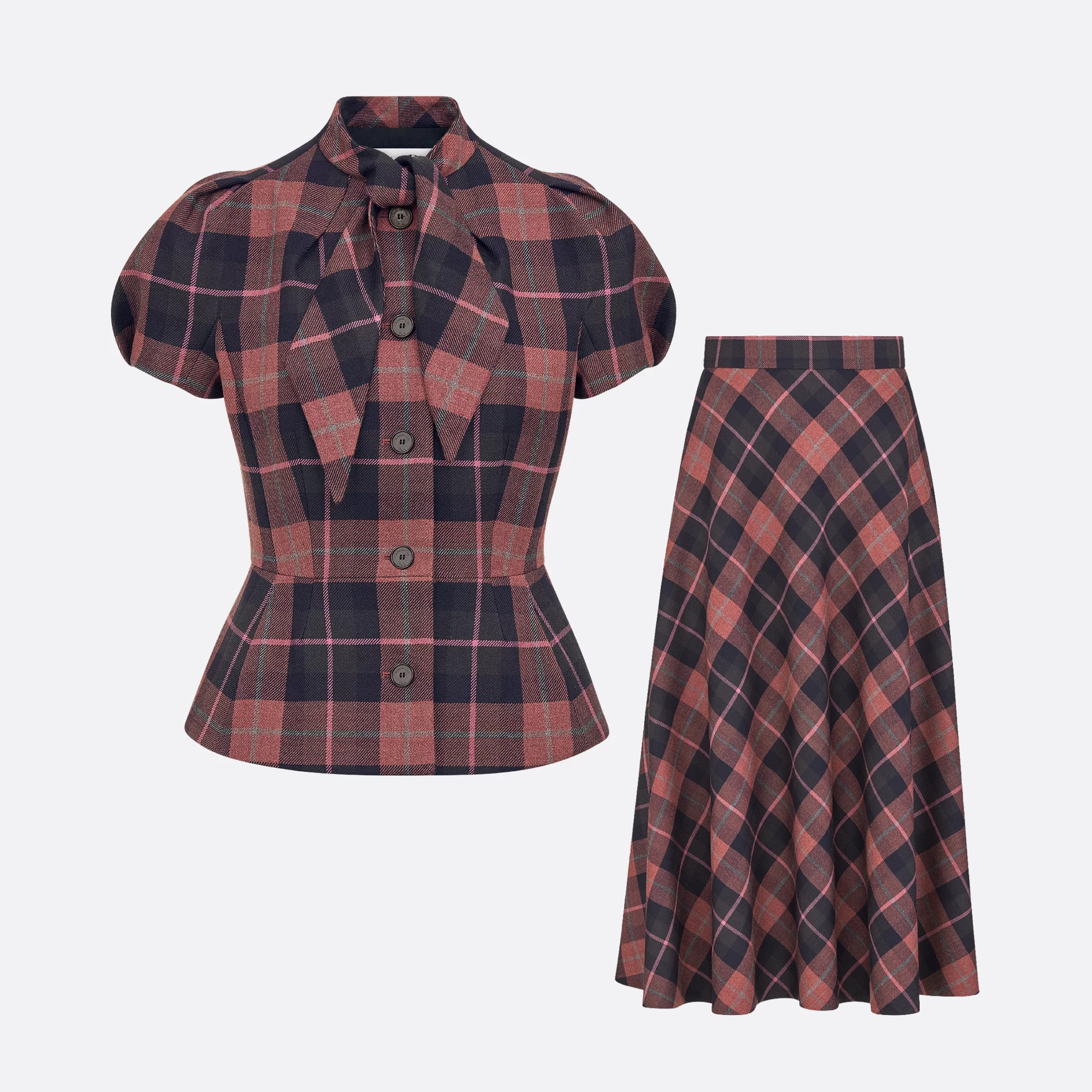 NIGO Dior Women's Spring and Autumn Check Printed Wool Tweed Bubble Sleeve Top Single Breasted Jacket Half Skirt Set Suit #nigo74764