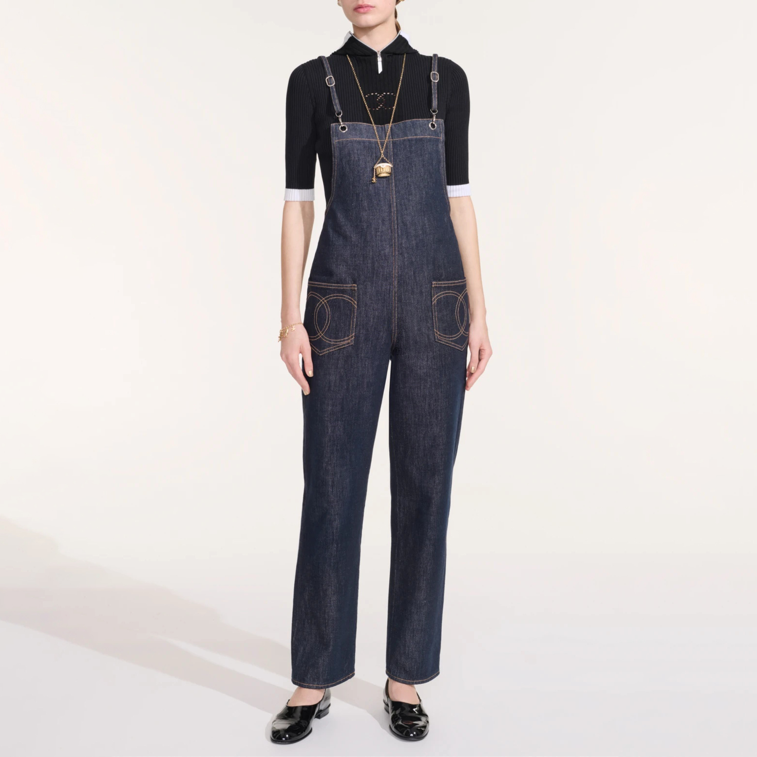 NIGO Chanel Women's Spring and Autumn Blue Double C Embroidered Pocket Straight Jeans Bib Pants #nigo74778
