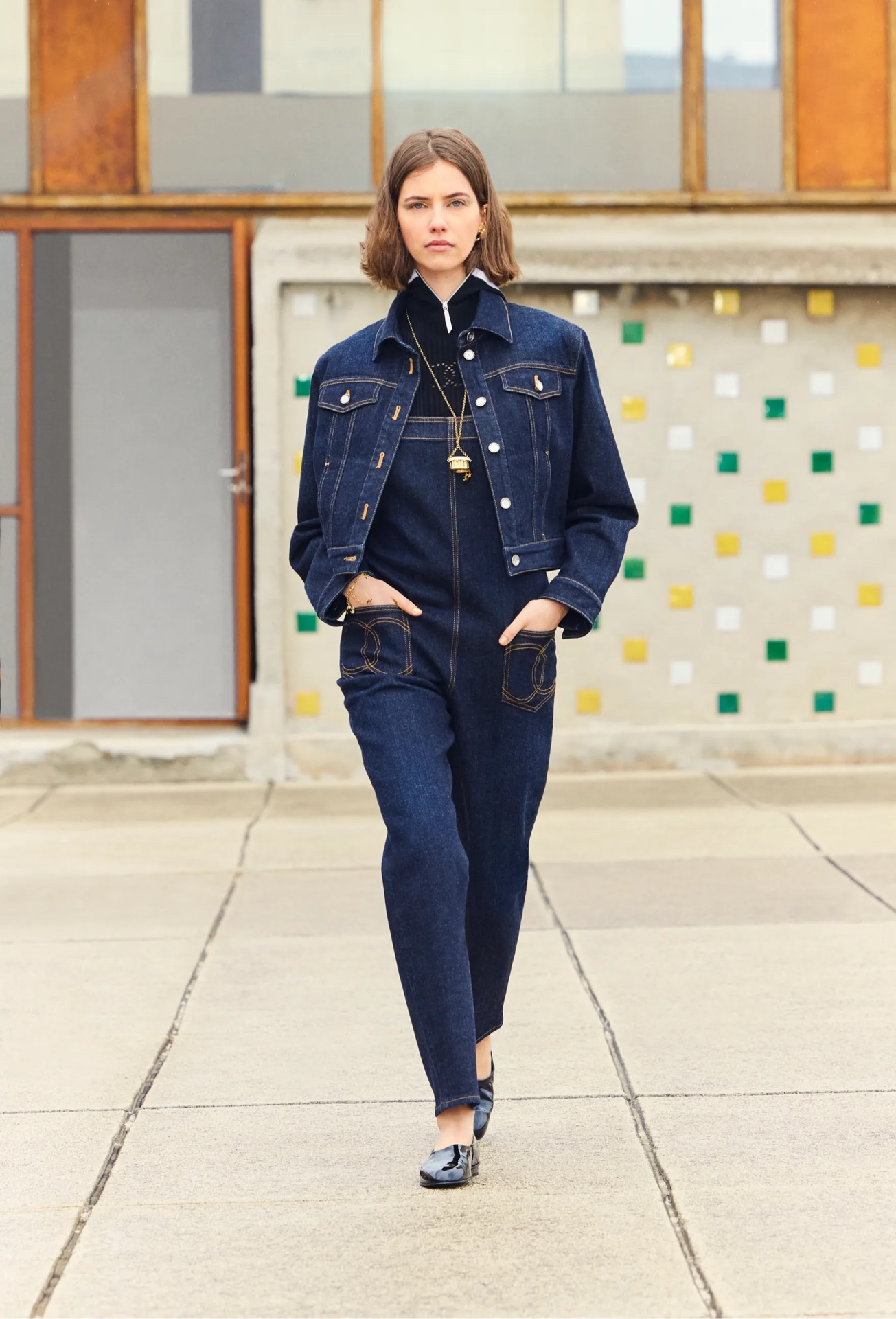 NIGO Chanel Women's Spring and Autumn Blue Double C Embroidered Pocket Straight Jeans Bib Pants #nigo74778