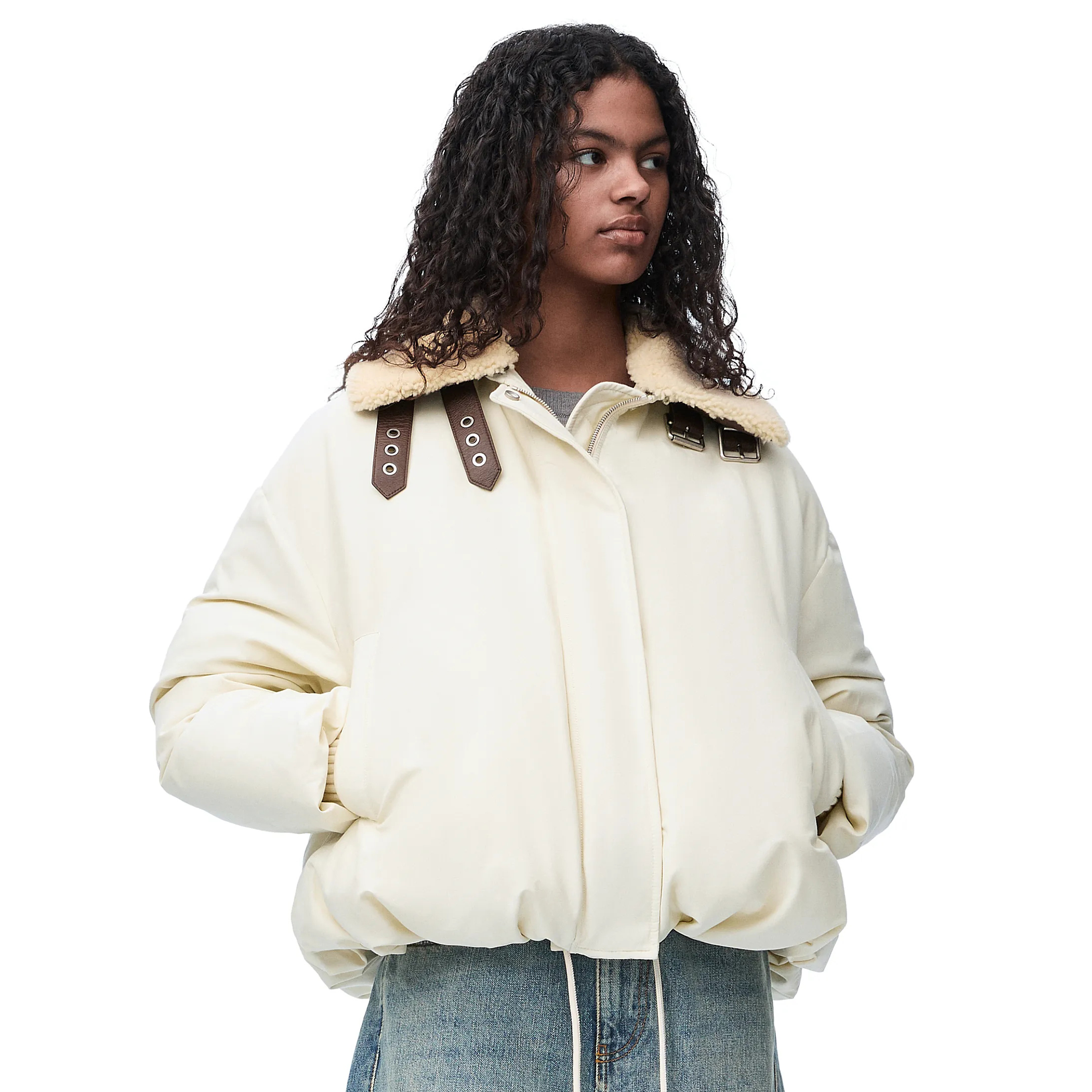 NIGO Loewe Women's Autumn and Winter Solid Color Detachable Shearling Collar Zipper Long Sleeve Jacket #nigo74767