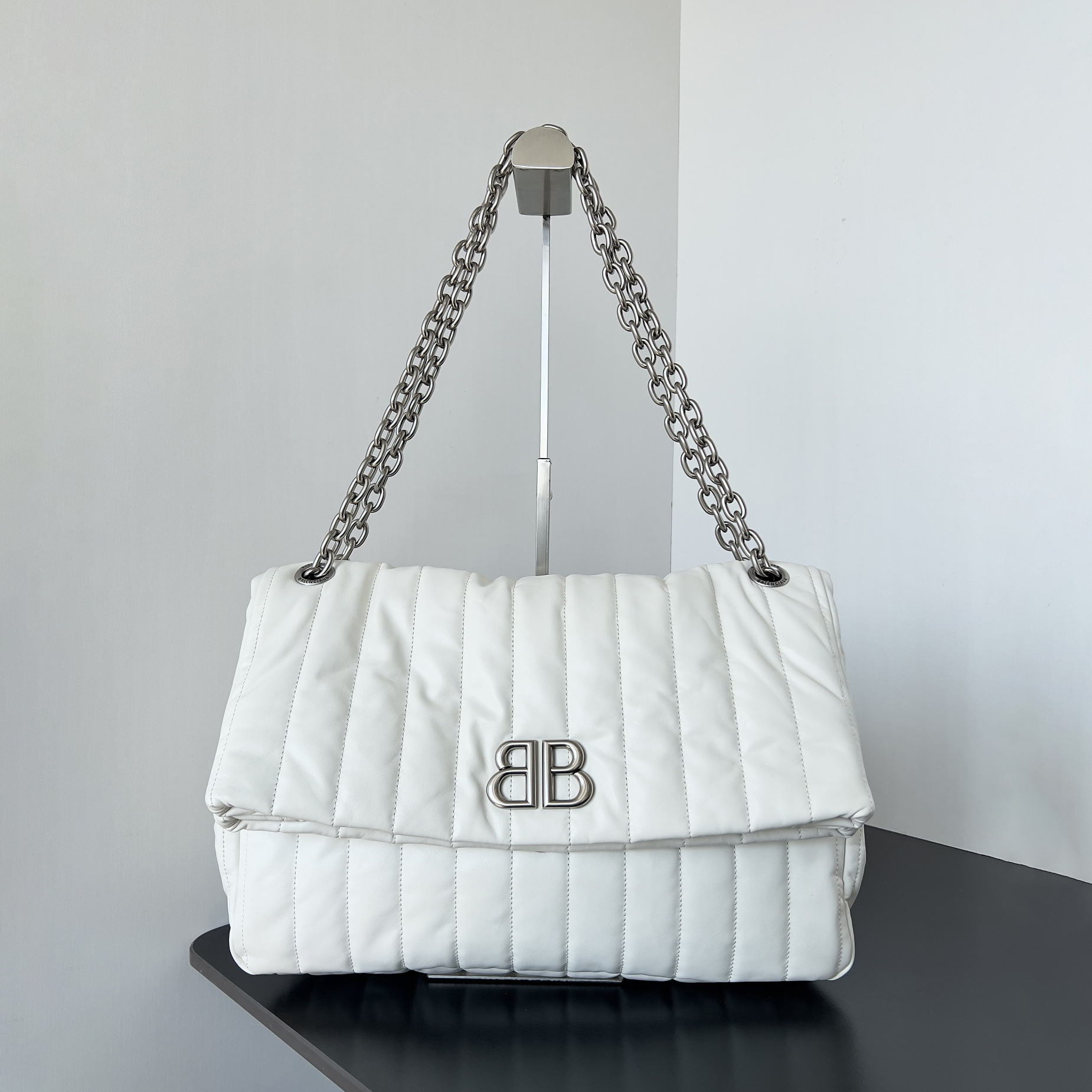 NIGO Balenciaga MONACO Women's Aged Silver BB Logo Flap Closure Quilted Solid Color Calfskin Tote Shoulder Bag Bags #nigo74775