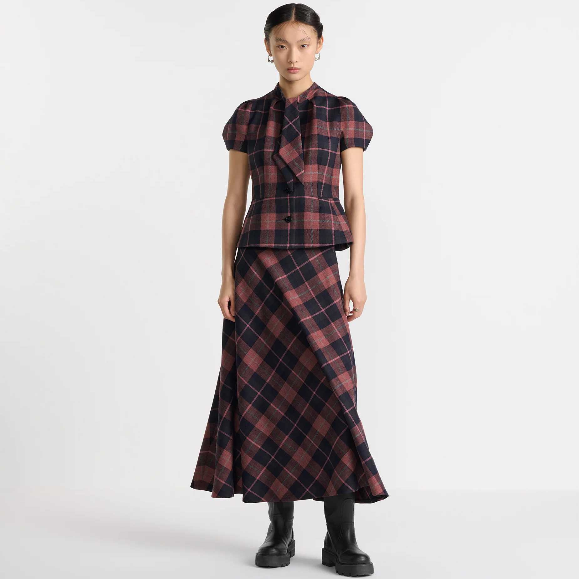 NIGO Dior Women's Spring and Autumn Check Printed Wool Tweed Bubble Sleeve Top Single Breasted Jacket Half Skirt Set Suit #nigo74764