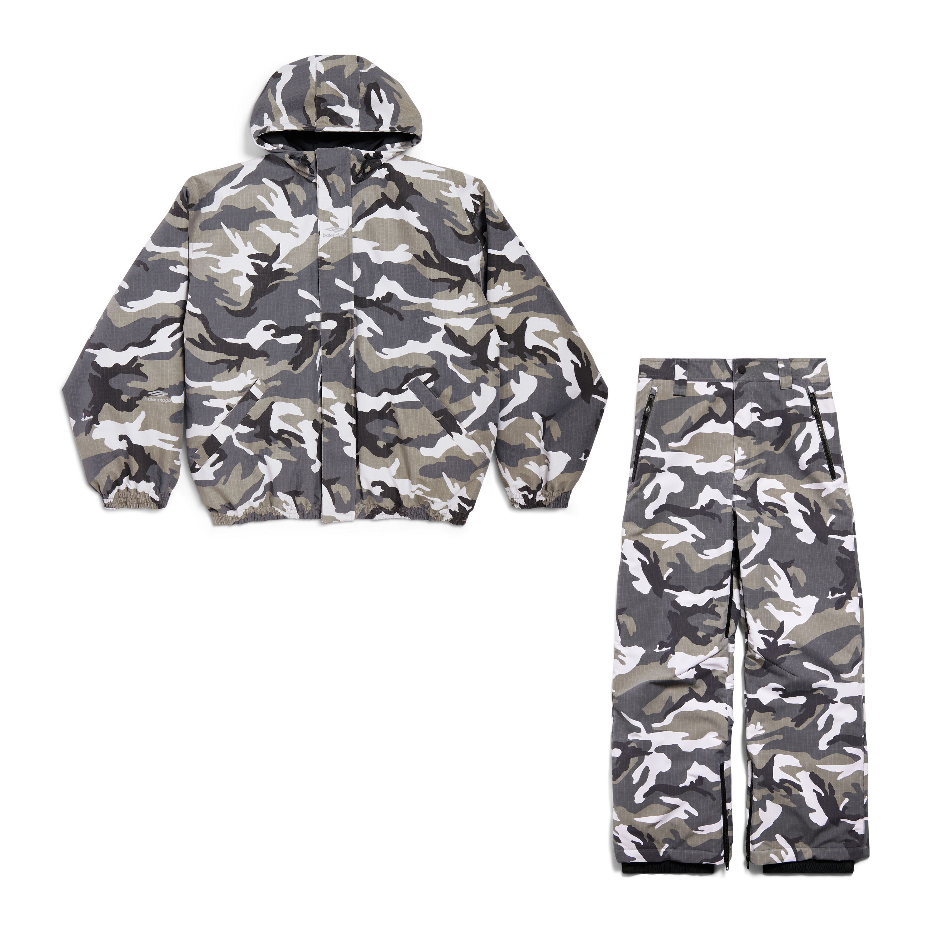 NIGO Balenciaga Men's Autumn and Winter Gray Camouflage Hooded Zipper Long Sleeve Nylon Parker Jacket Straight Ski Pants Suit Set #nigo74772